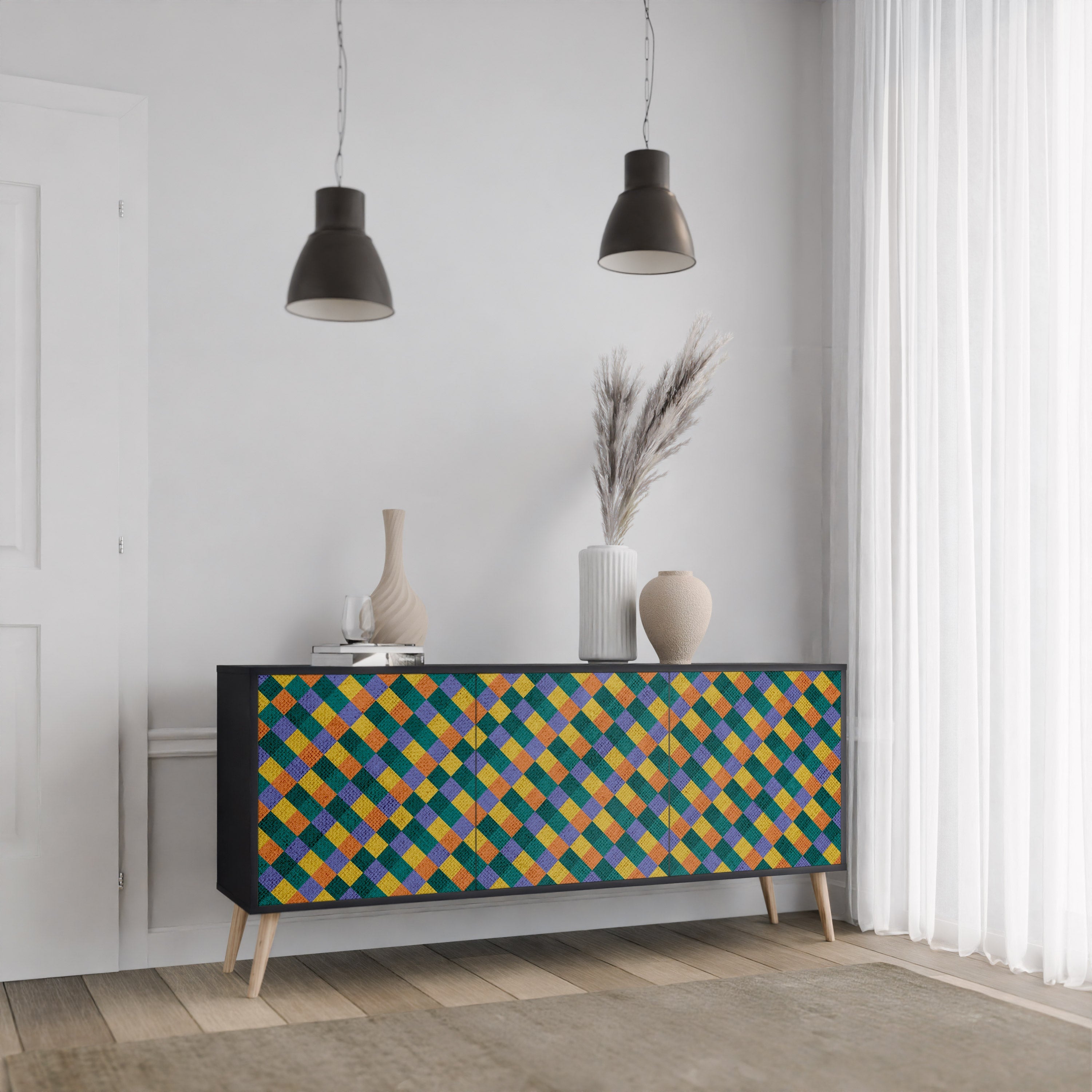 PAINTED SQUARES MIX 3-Door Sideboard in Black Finish