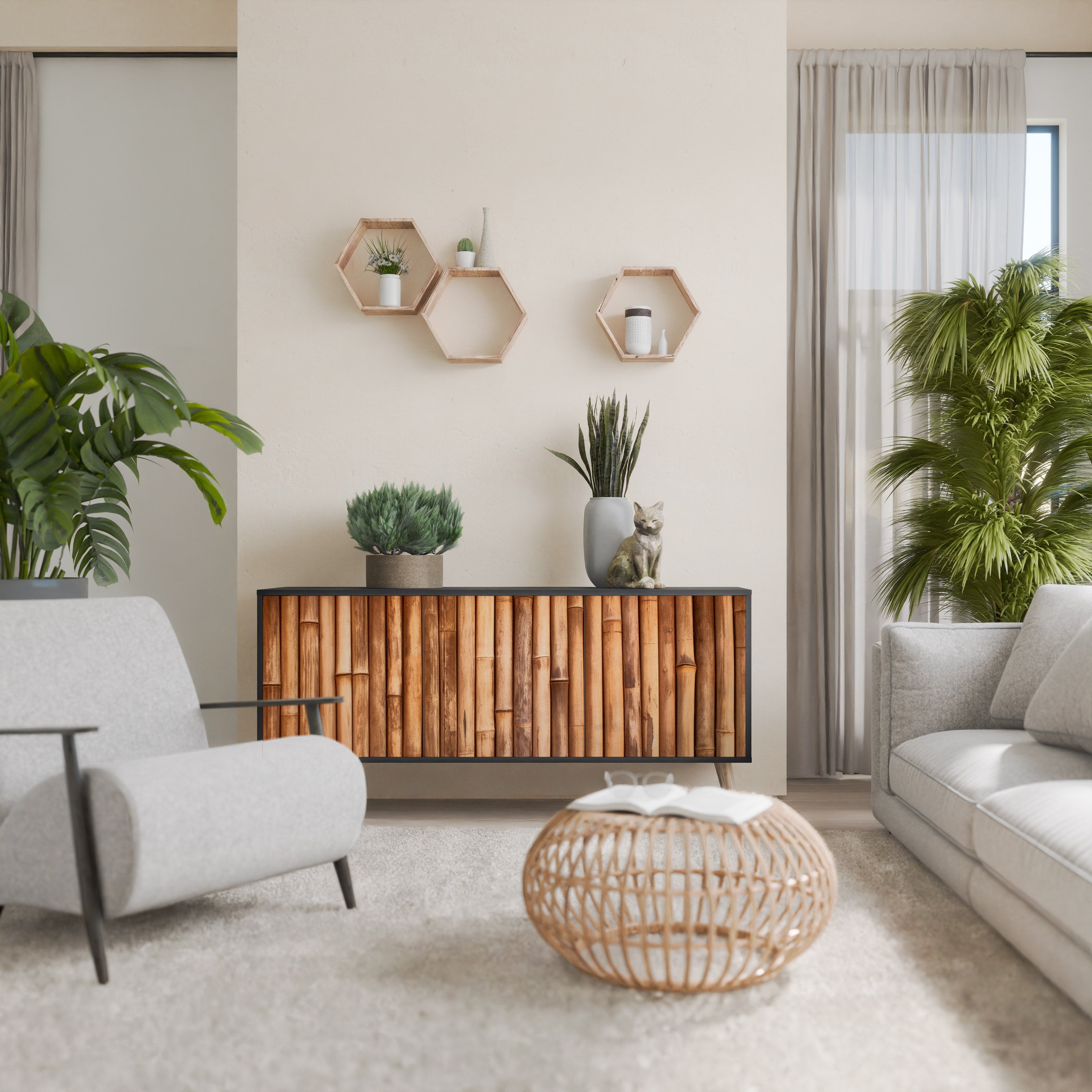 NATURAL WOOD 3-Door Sideboard in Black Finish