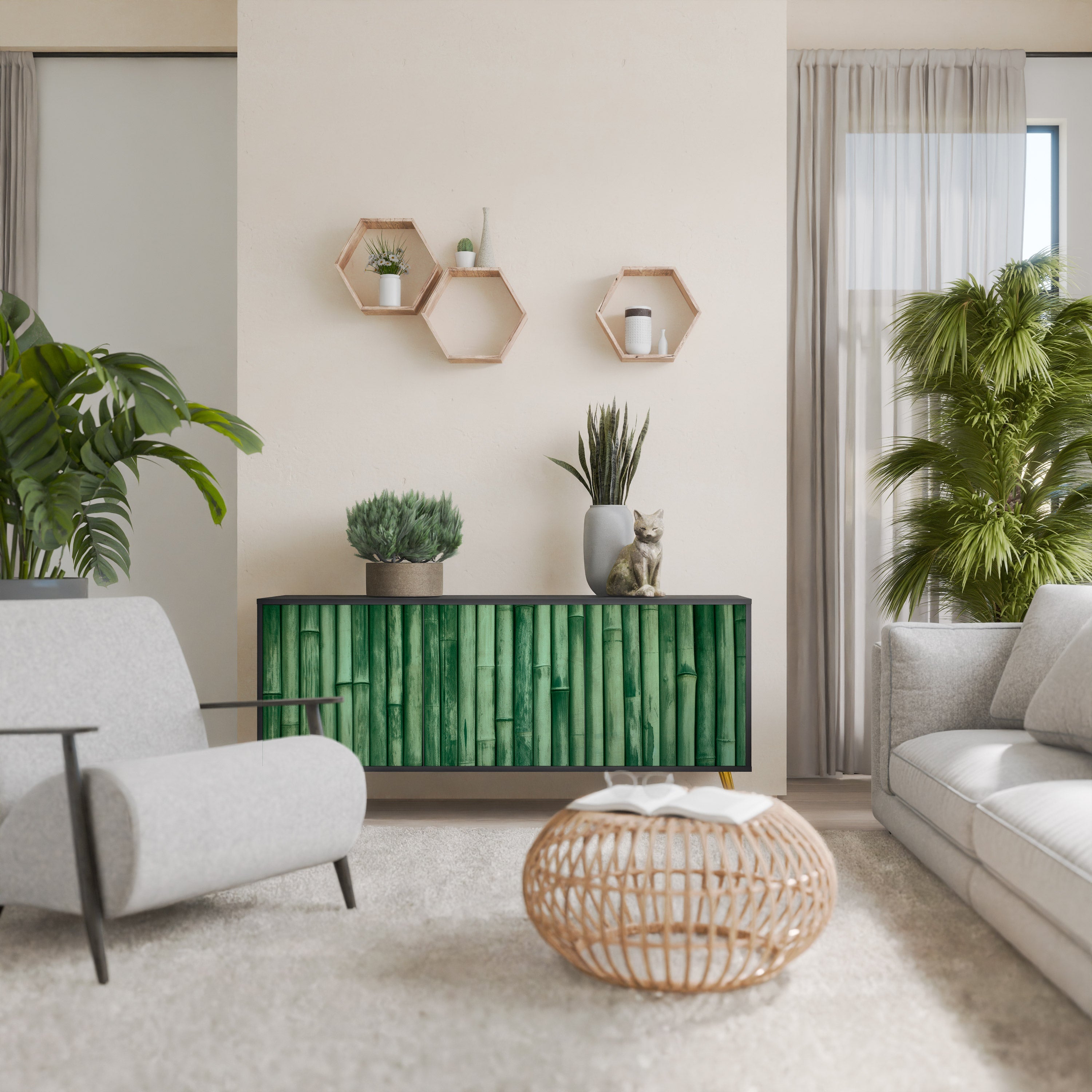 NATURAL GREEN 3-Door Sideboard in Black Finish