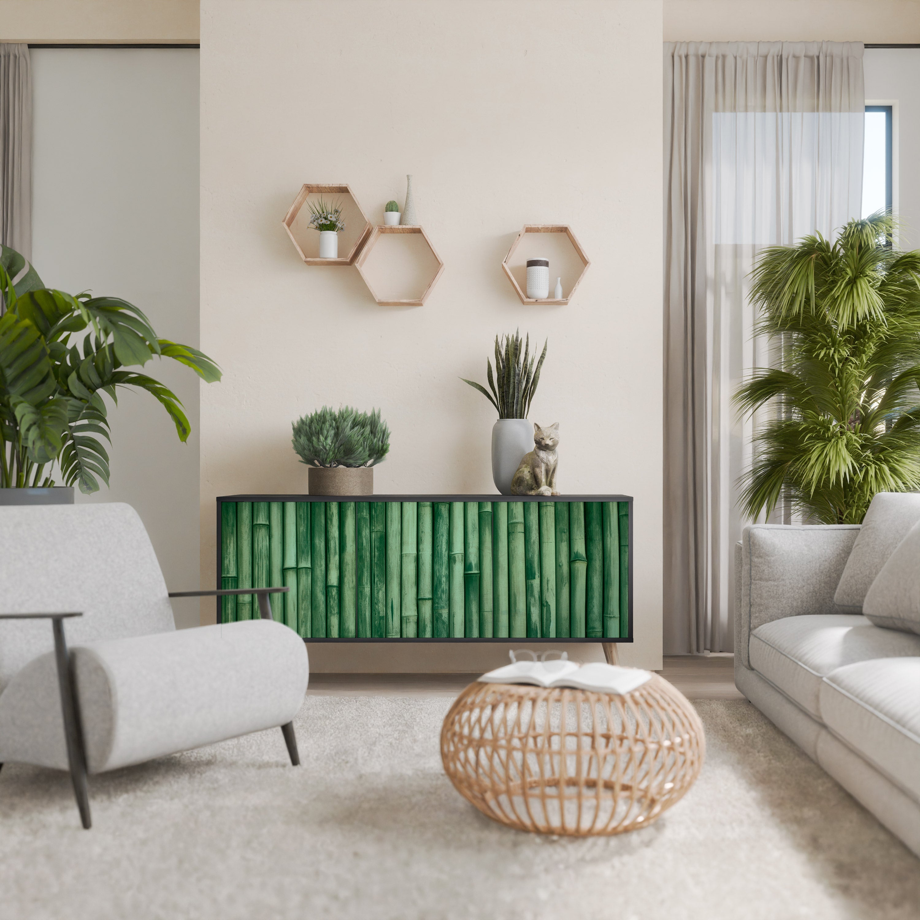 NATURAL GREEN 3-Door Sideboard in Black Finish