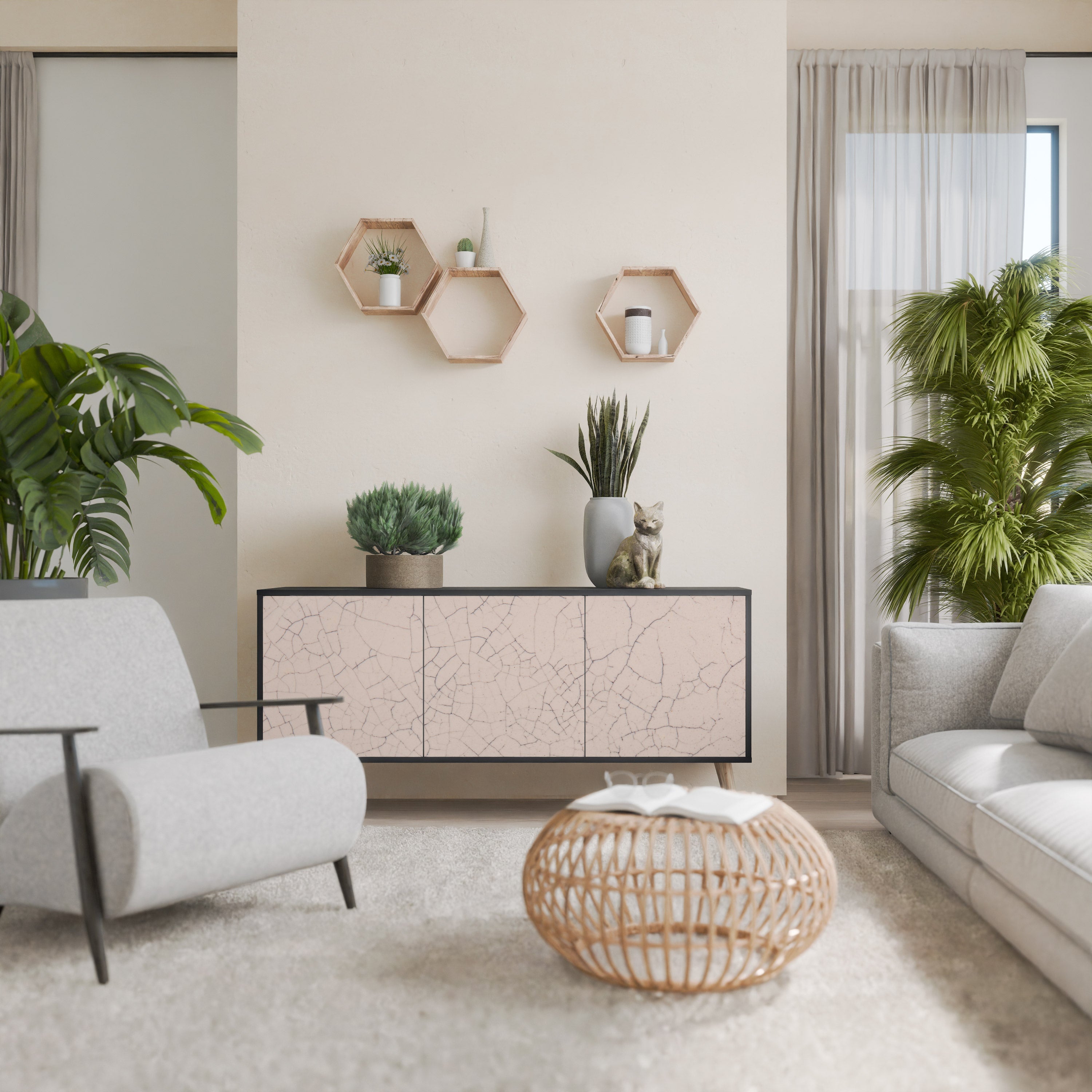 CERAMIC TEXTURE 3-Door Sideboard in Black Finish