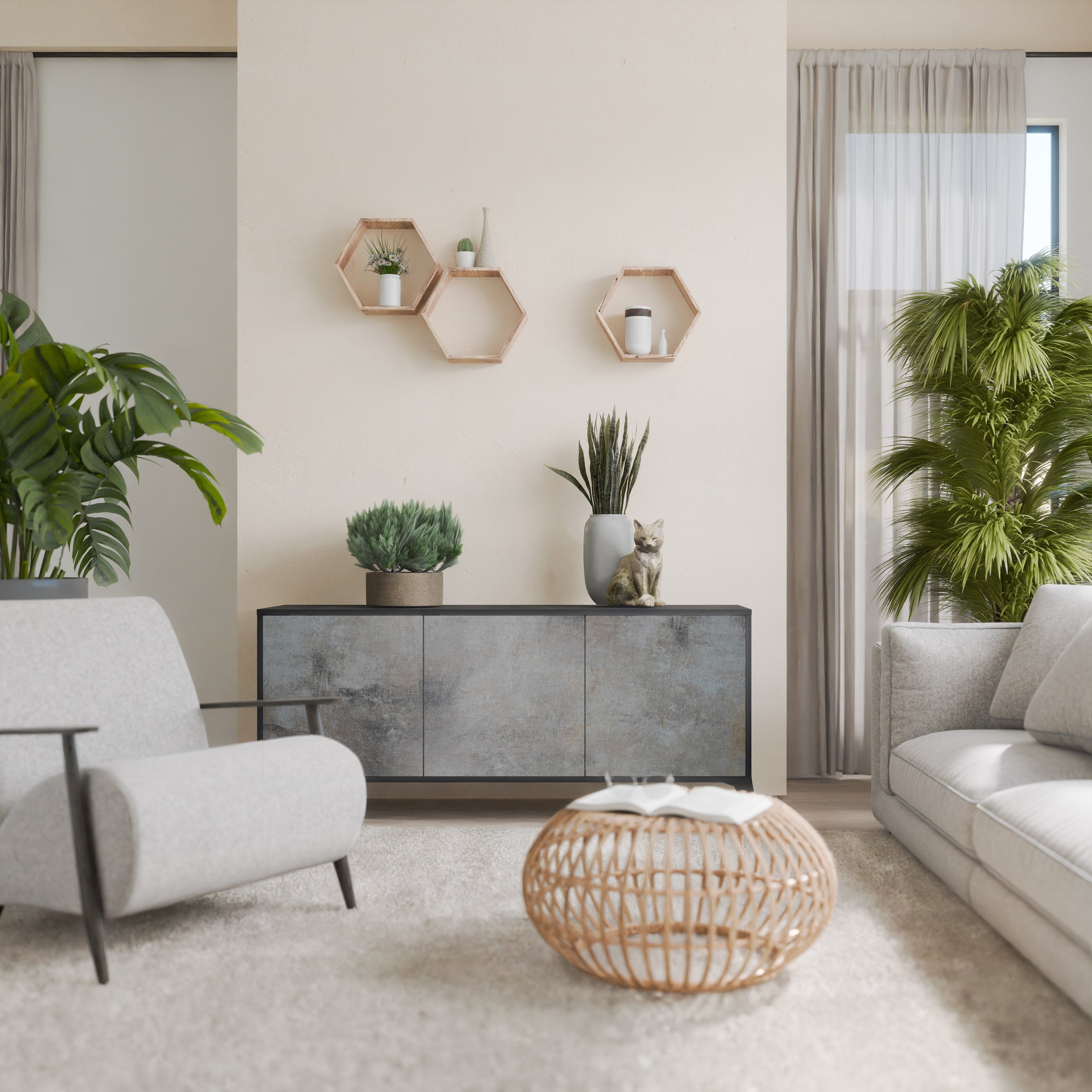 CONCRETE WALL 3-Door Sideboard in Black Finish