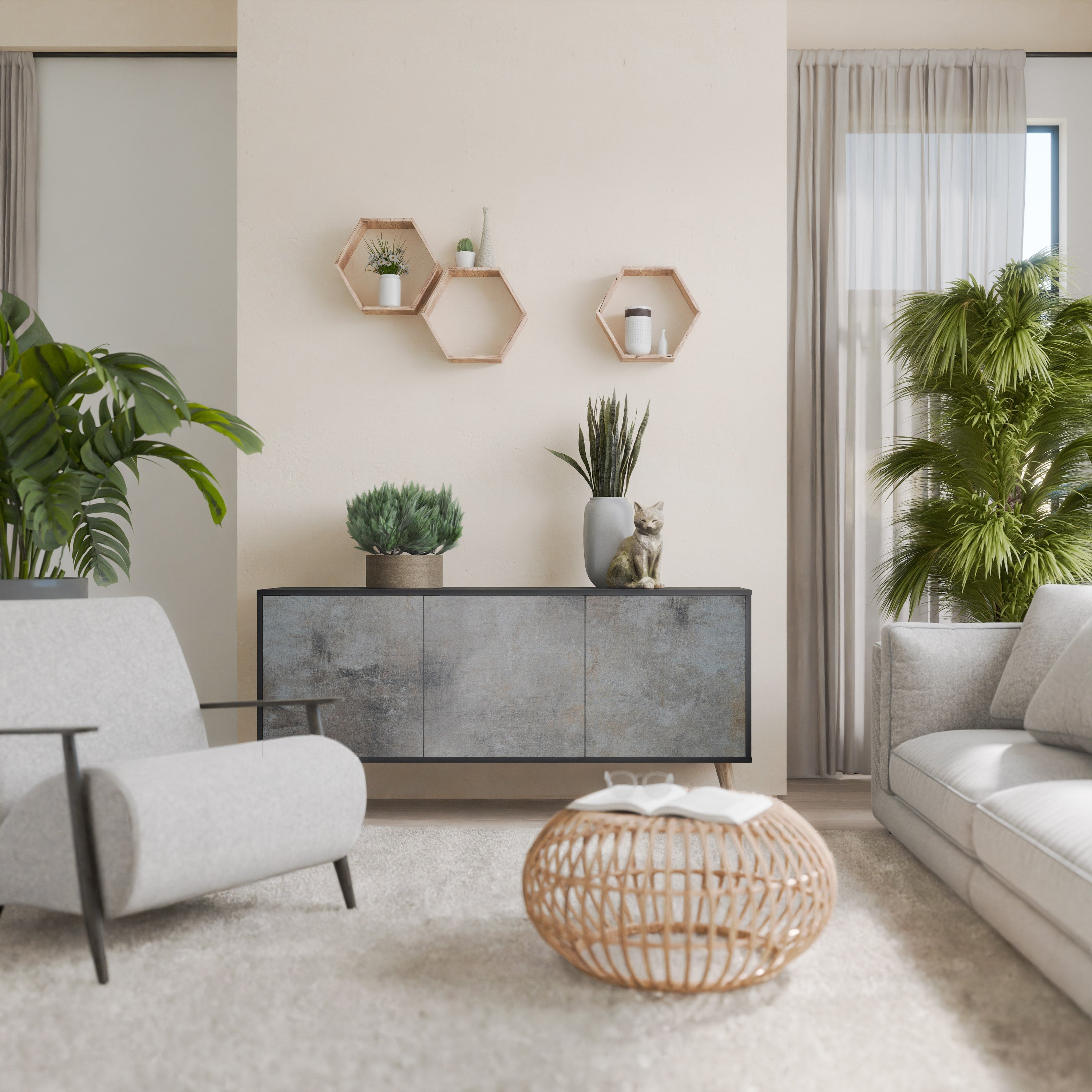 CONCRETE WALL 3-Door Sideboard in Black Finish