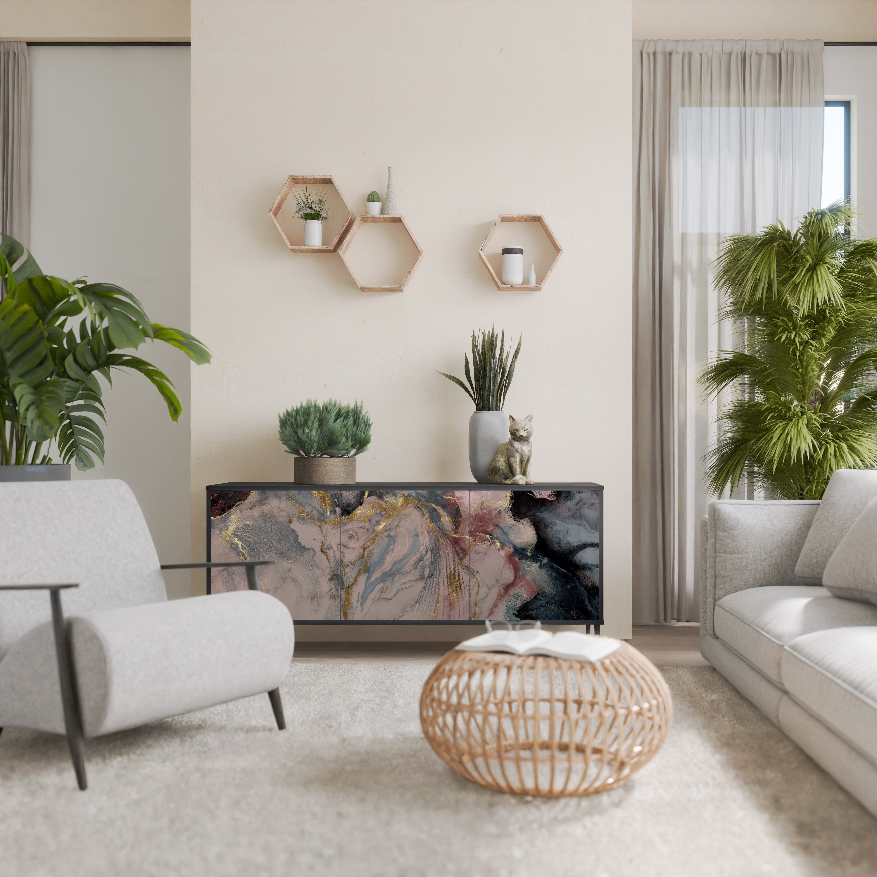 GILDED SWIRLS 3-Door Sideboard in Black Finish