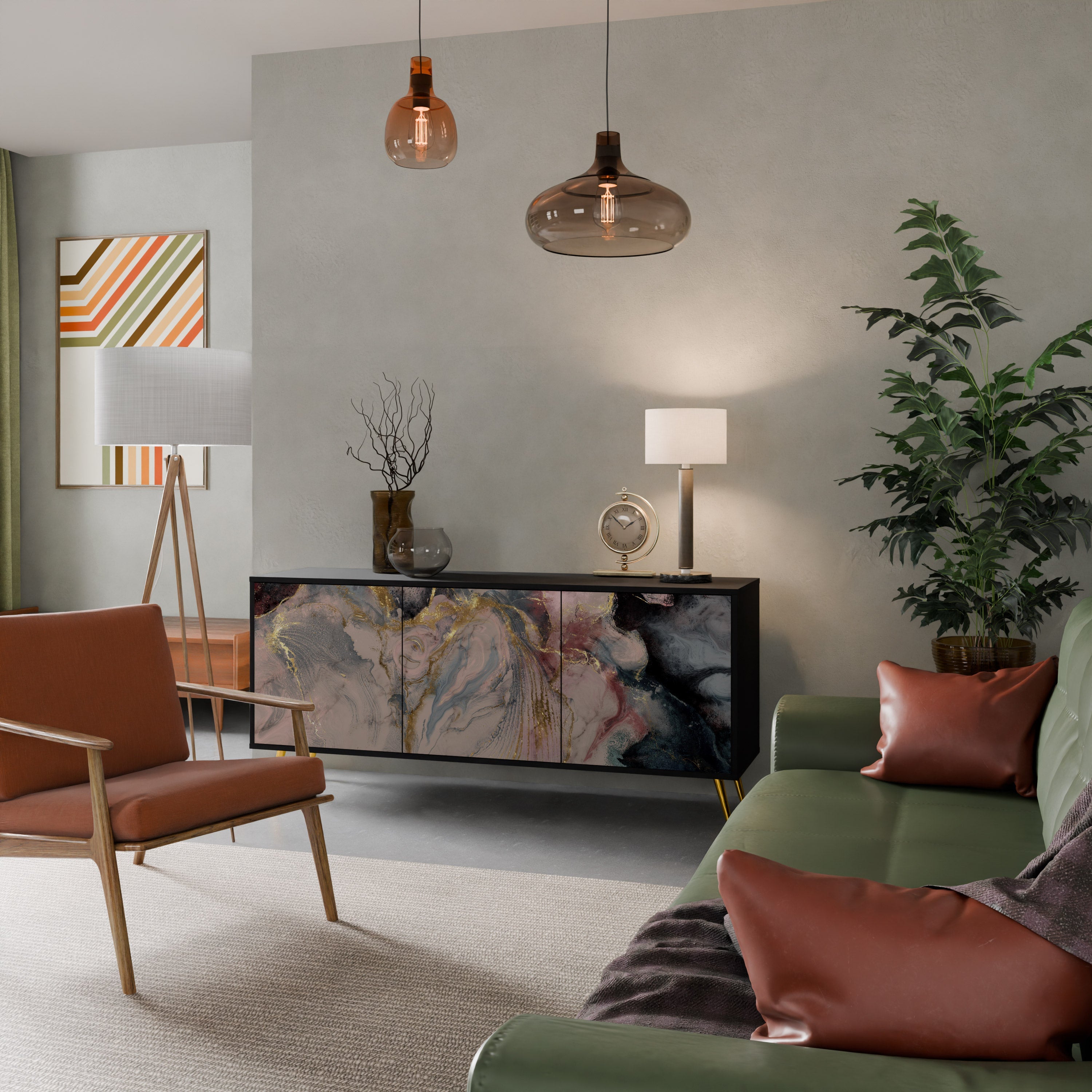 GILDED SWIRLS 3-Door Sideboard in Black Finish