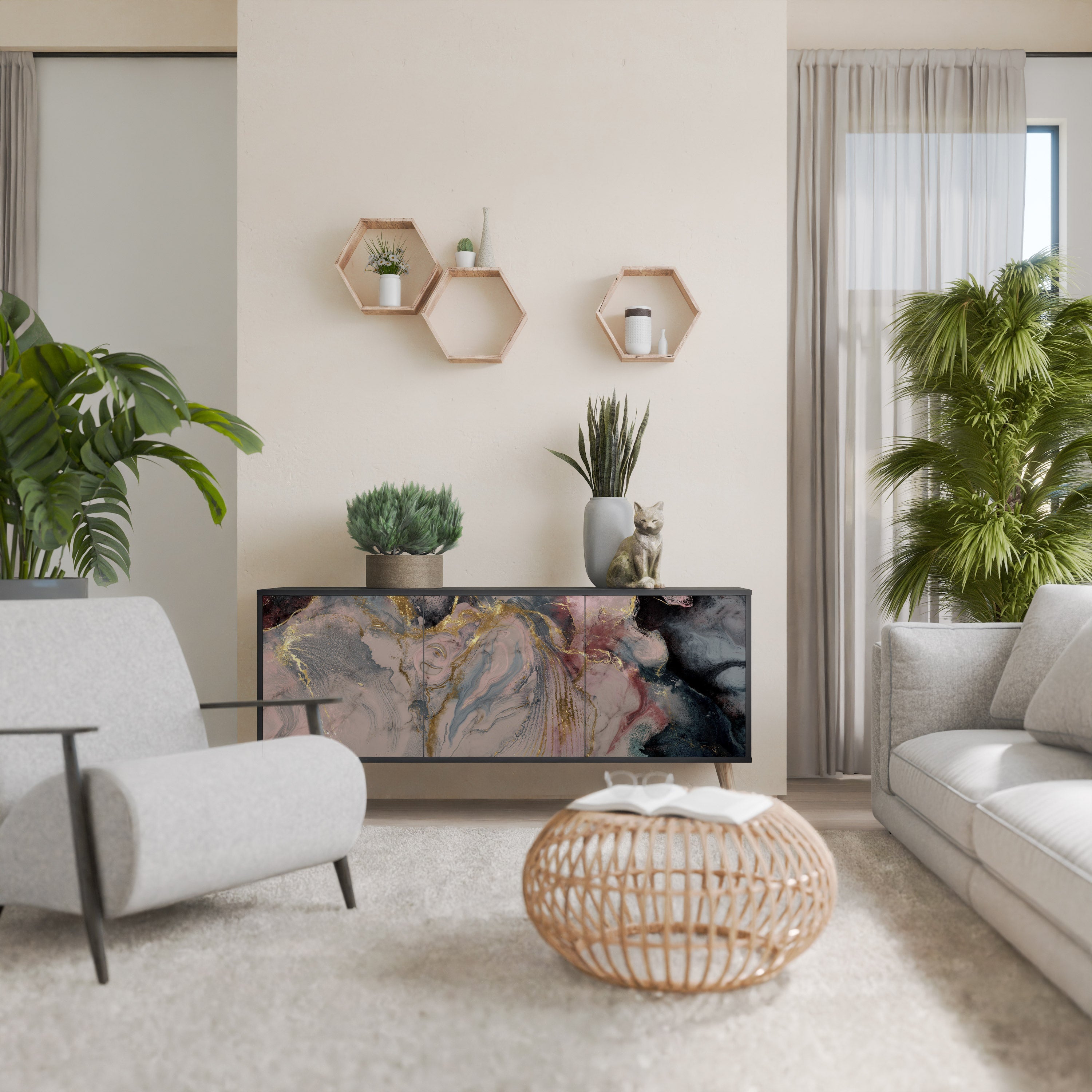 GILDED SWIRLS 3-Door Sideboard in Black Finish
