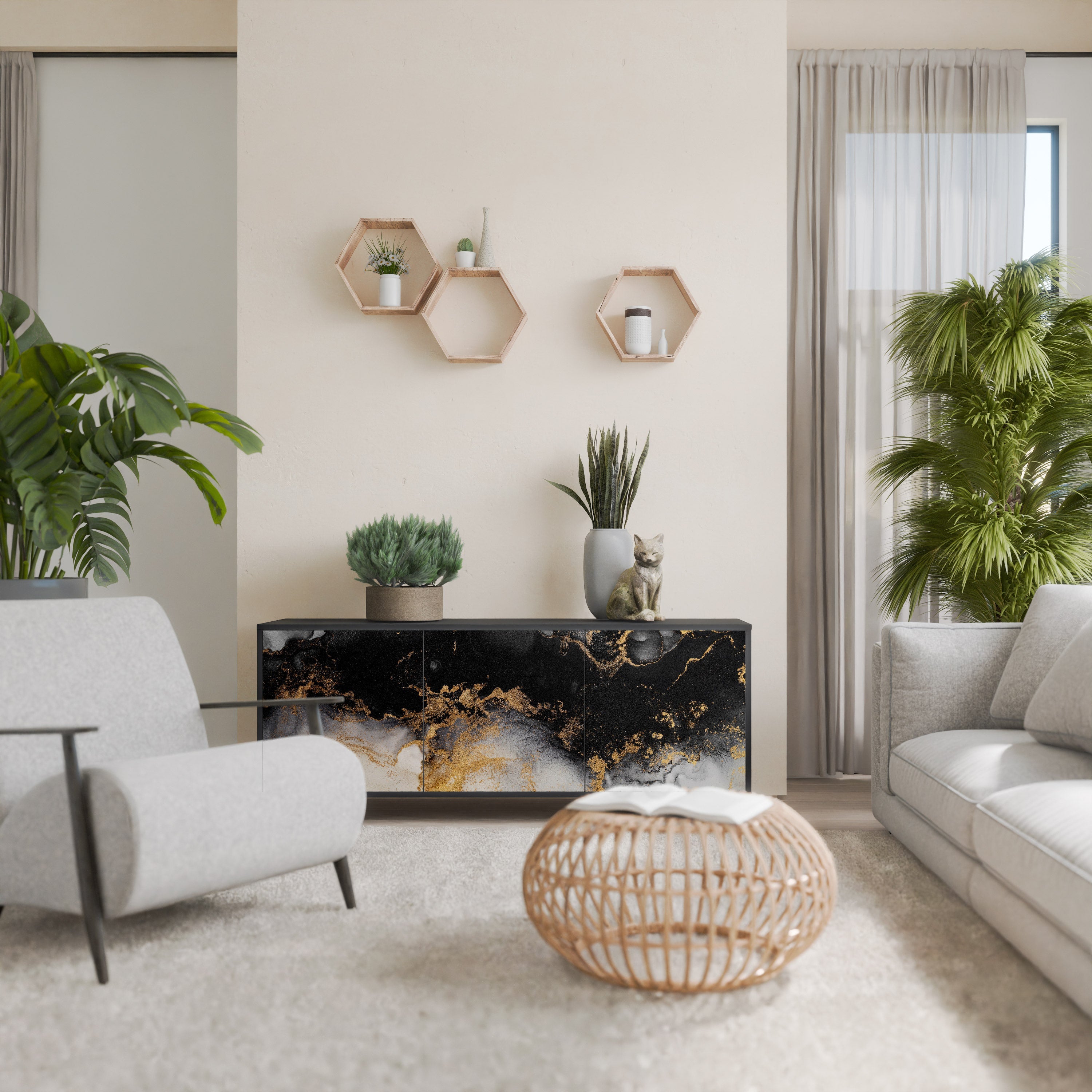 MARBLE OF TOMMORROW 3-Door Sideboard in Black Finish