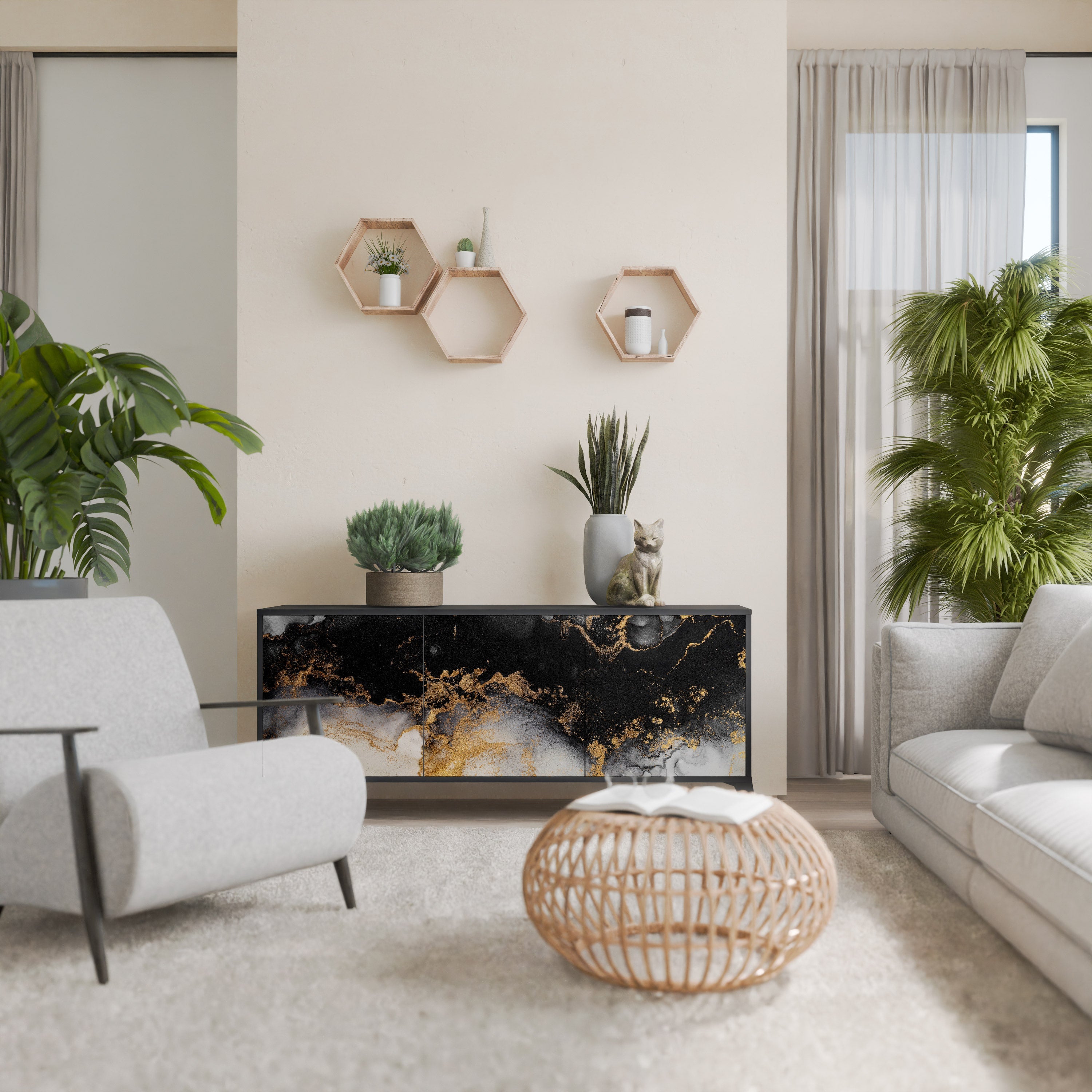 MARBLE OF TOMMORROW 3-Door Sideboard in Black Finish