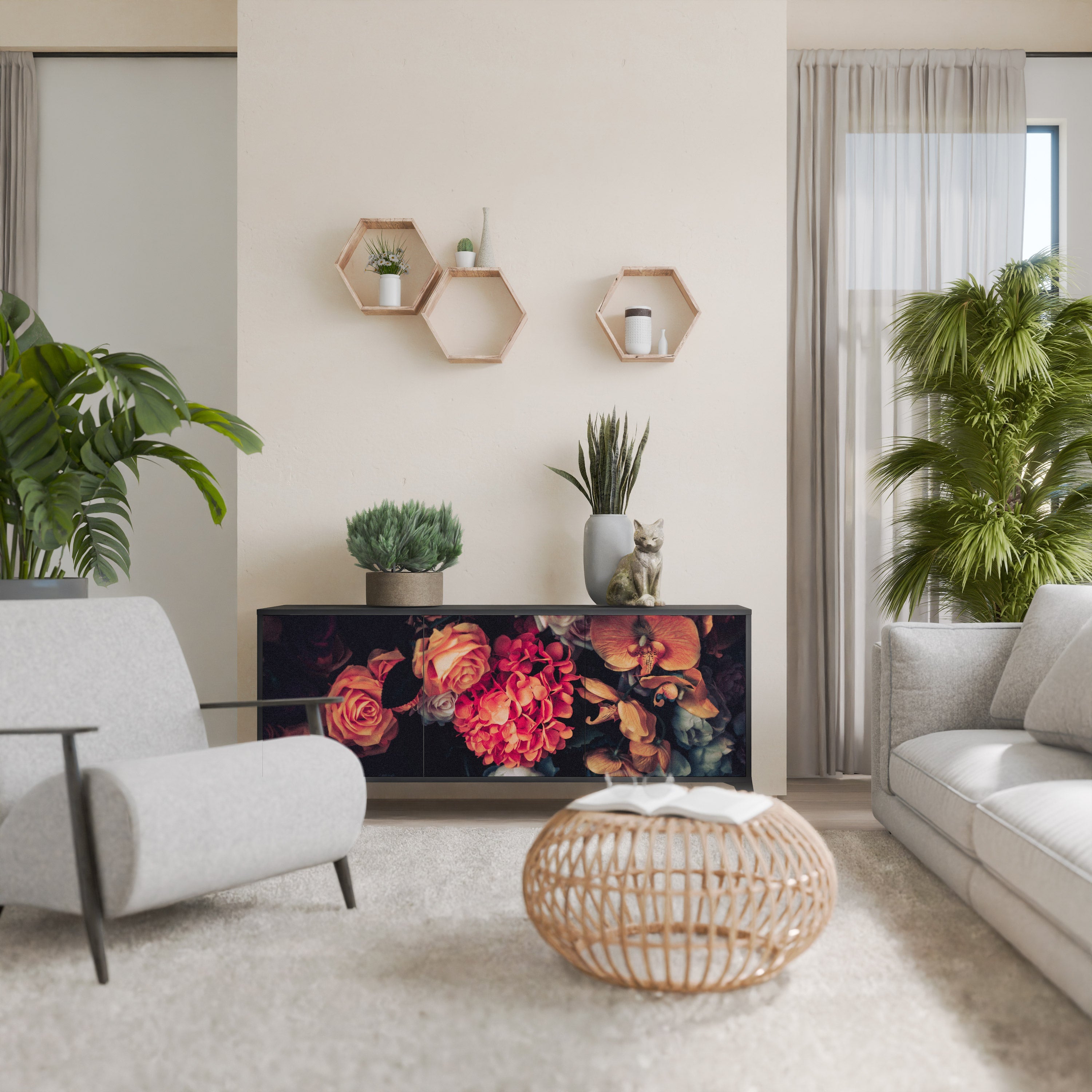 NEVERENDING BLOOM 3-Door Sideboard in Black Finish
