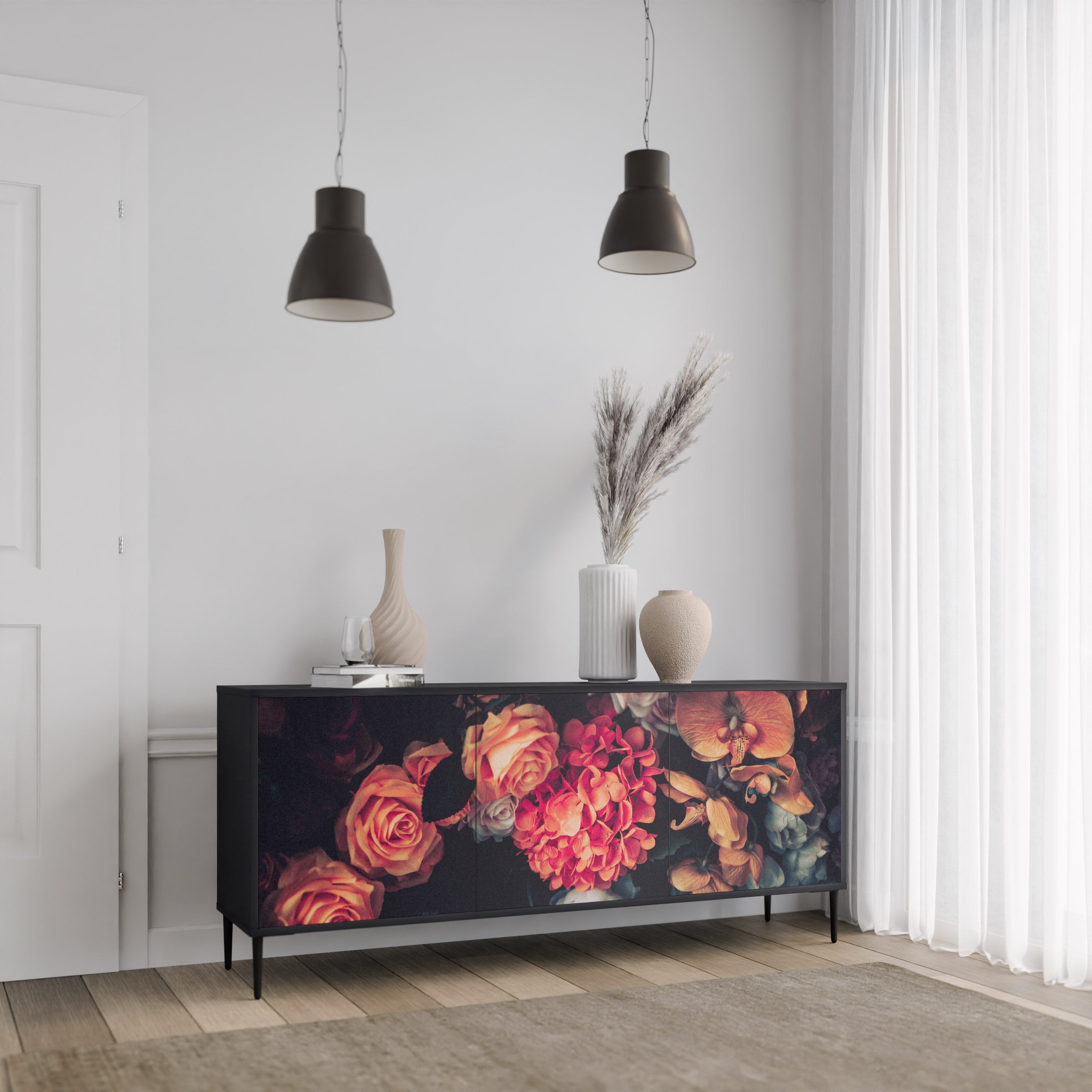 NEVERENDING BLOOM 3-Door Sideboard in Black Finish