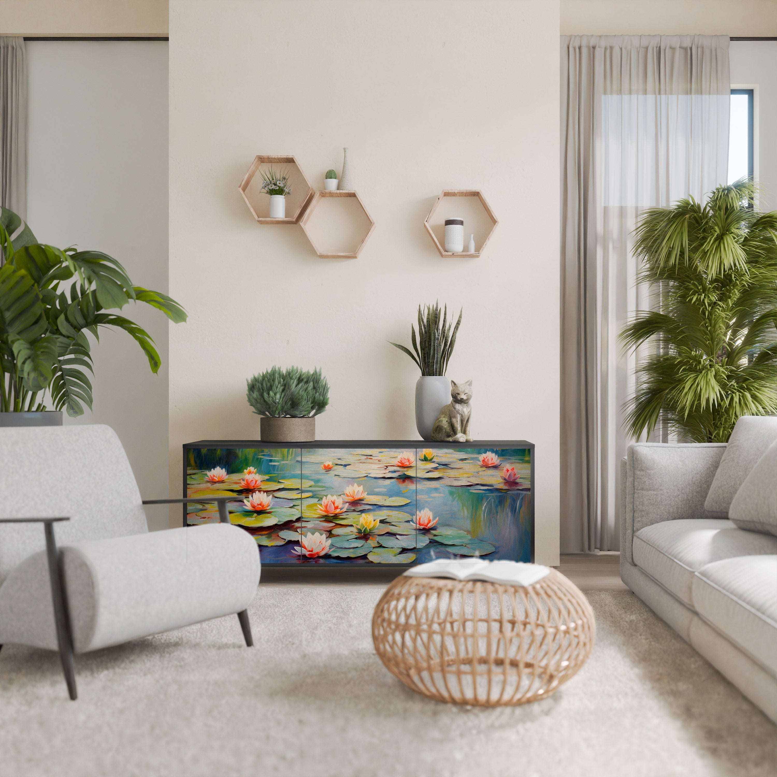 BLOOMING WATERS 3-Door Sideboard in Black Finish