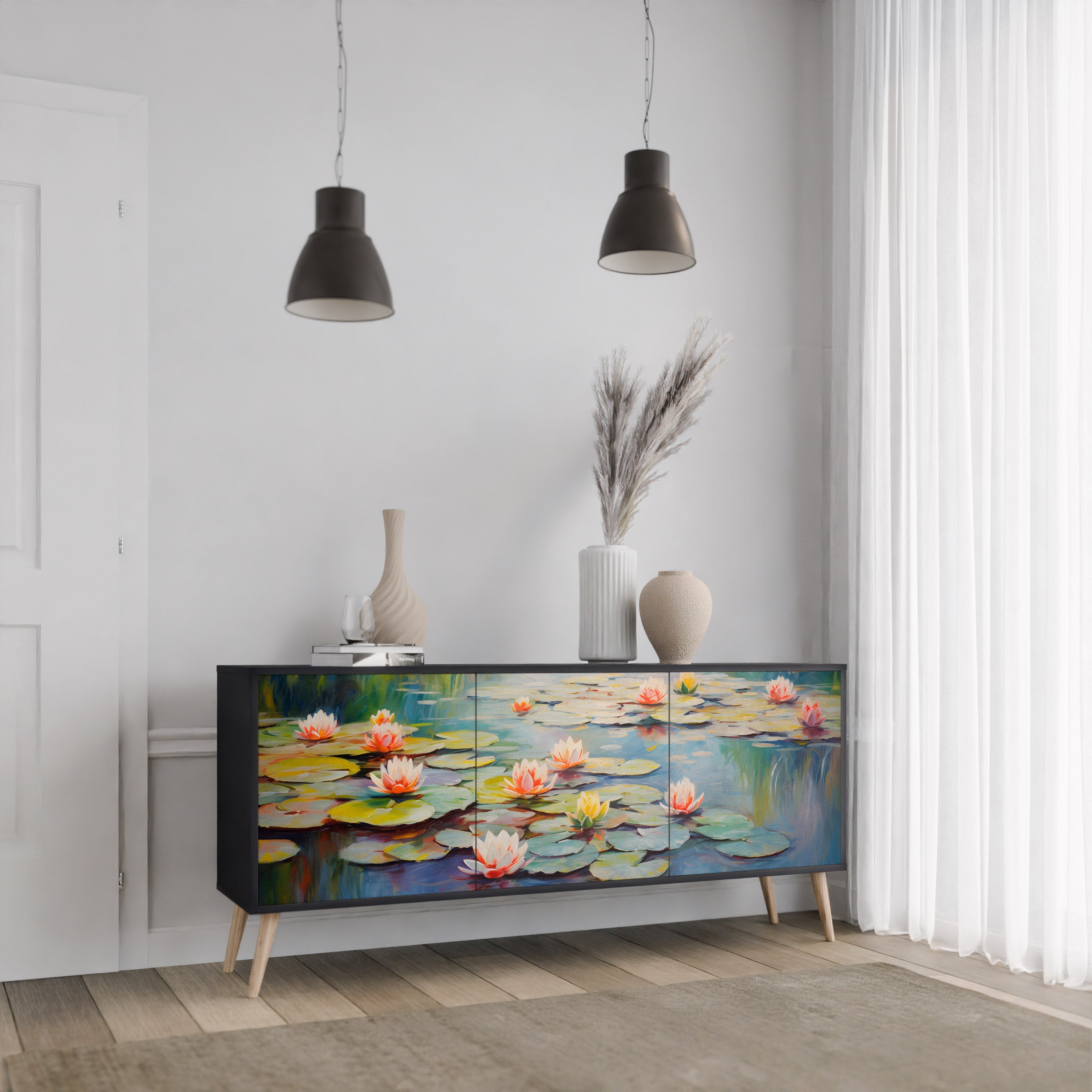 BLOOMING WATERS 3-Door Sideboard in Black Finish