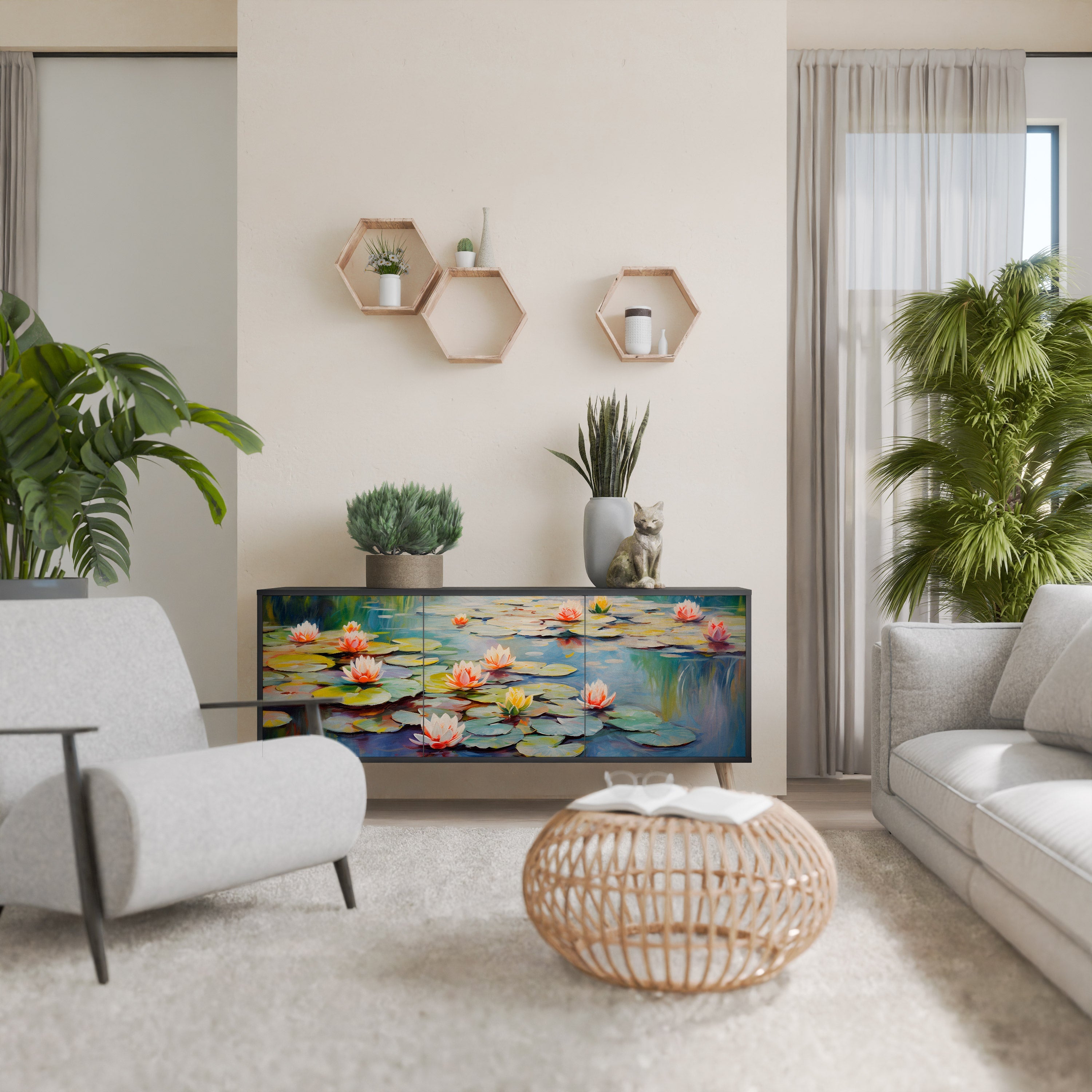 BLOOMING WATERS 3-Door Sideboard in Black Finish