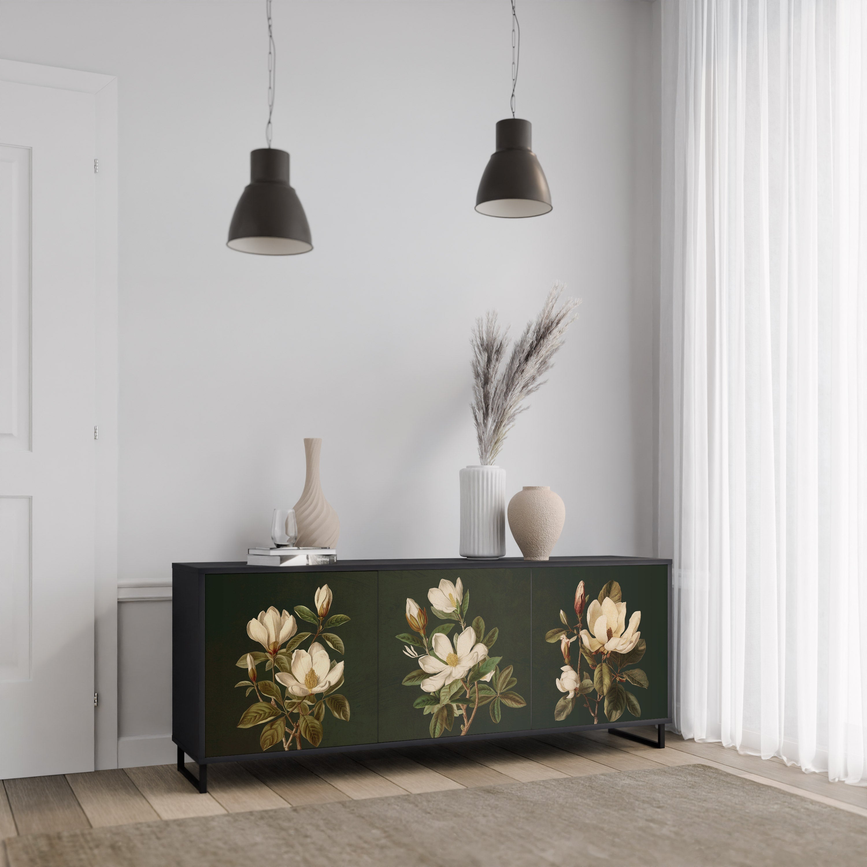 FLORAL NOIR 3-Door Sideboard in Black Finish