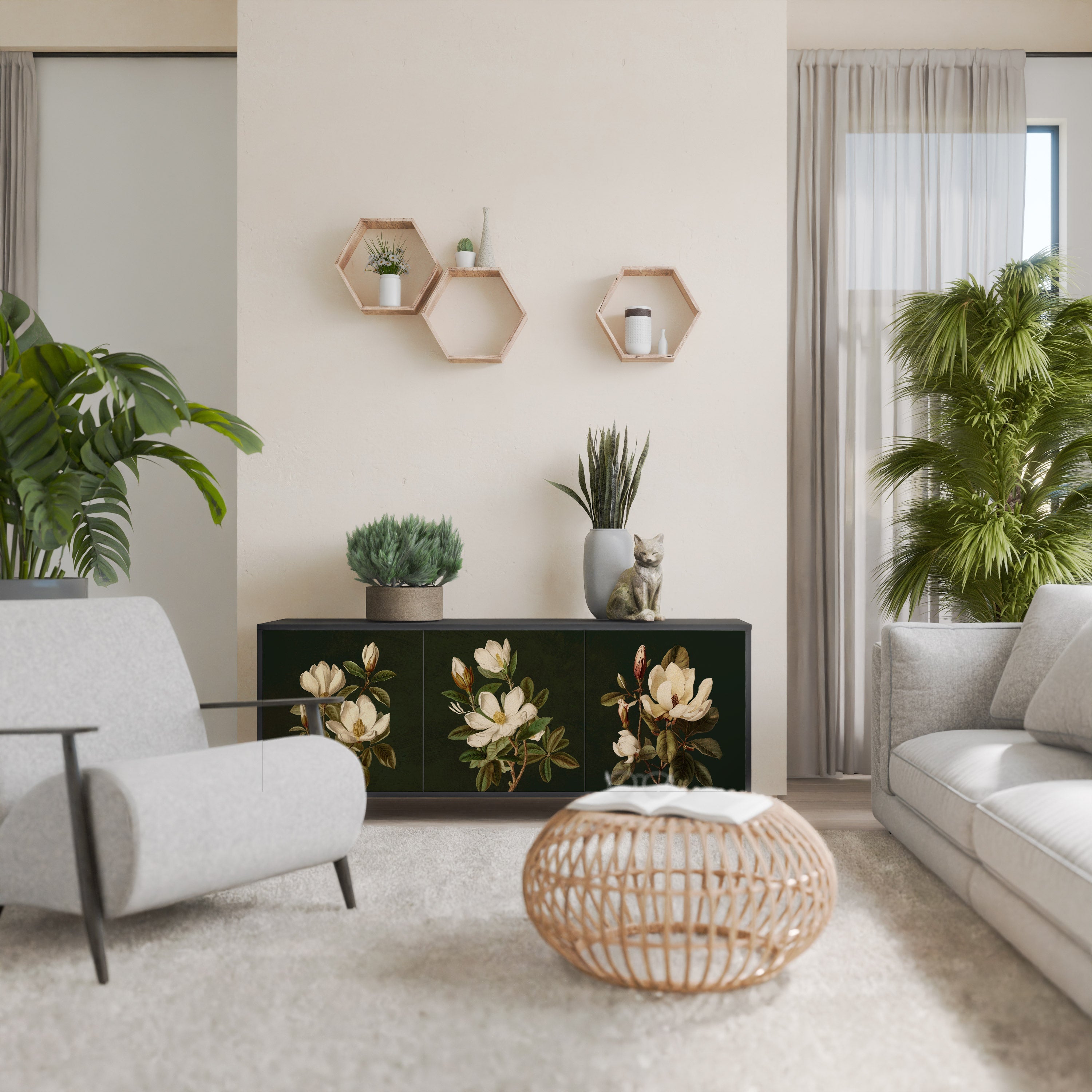 FLORAL NOIR 3-Door Sideboard in Black Finish