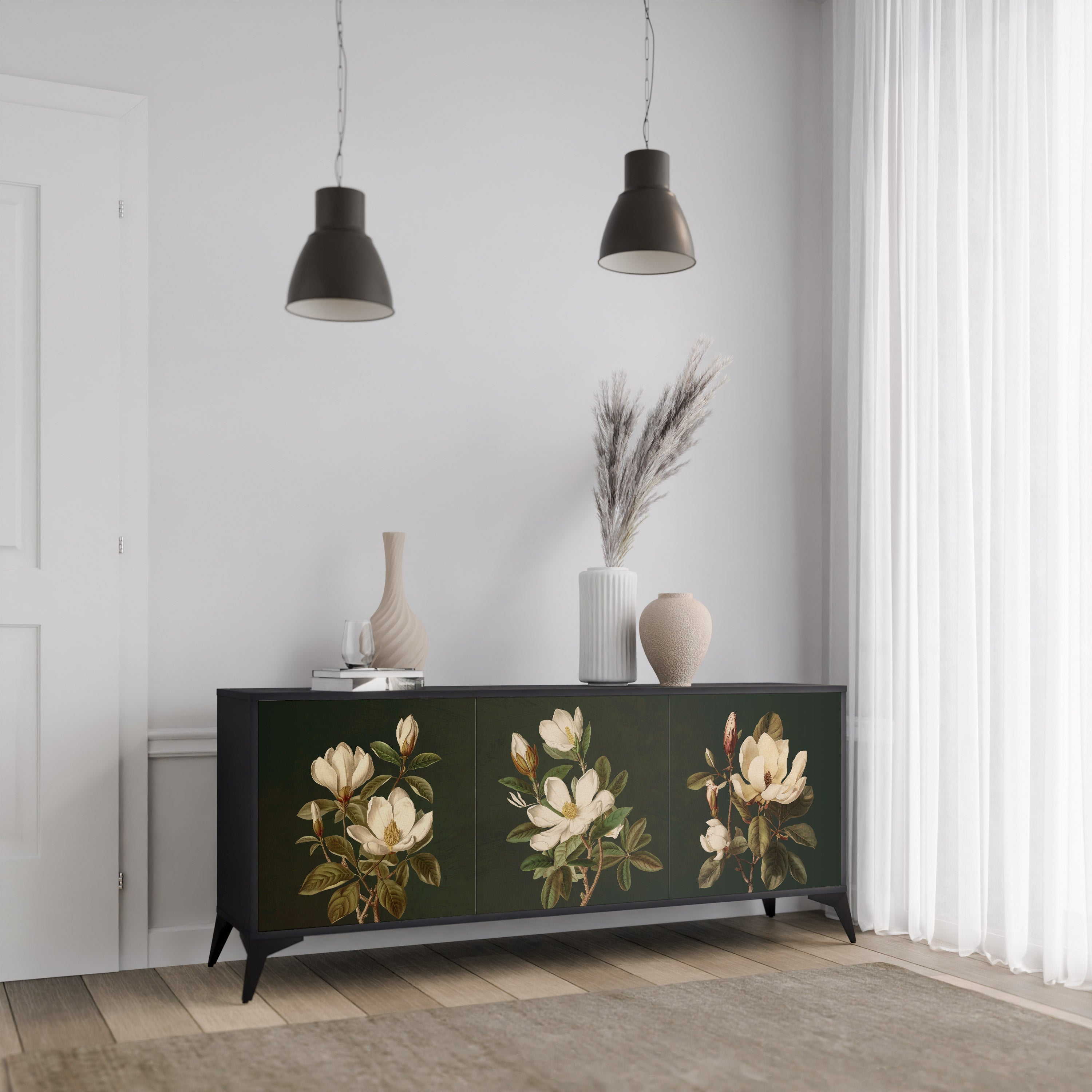 FLORAL NOIR 3-Door Sideboard in Black Finish