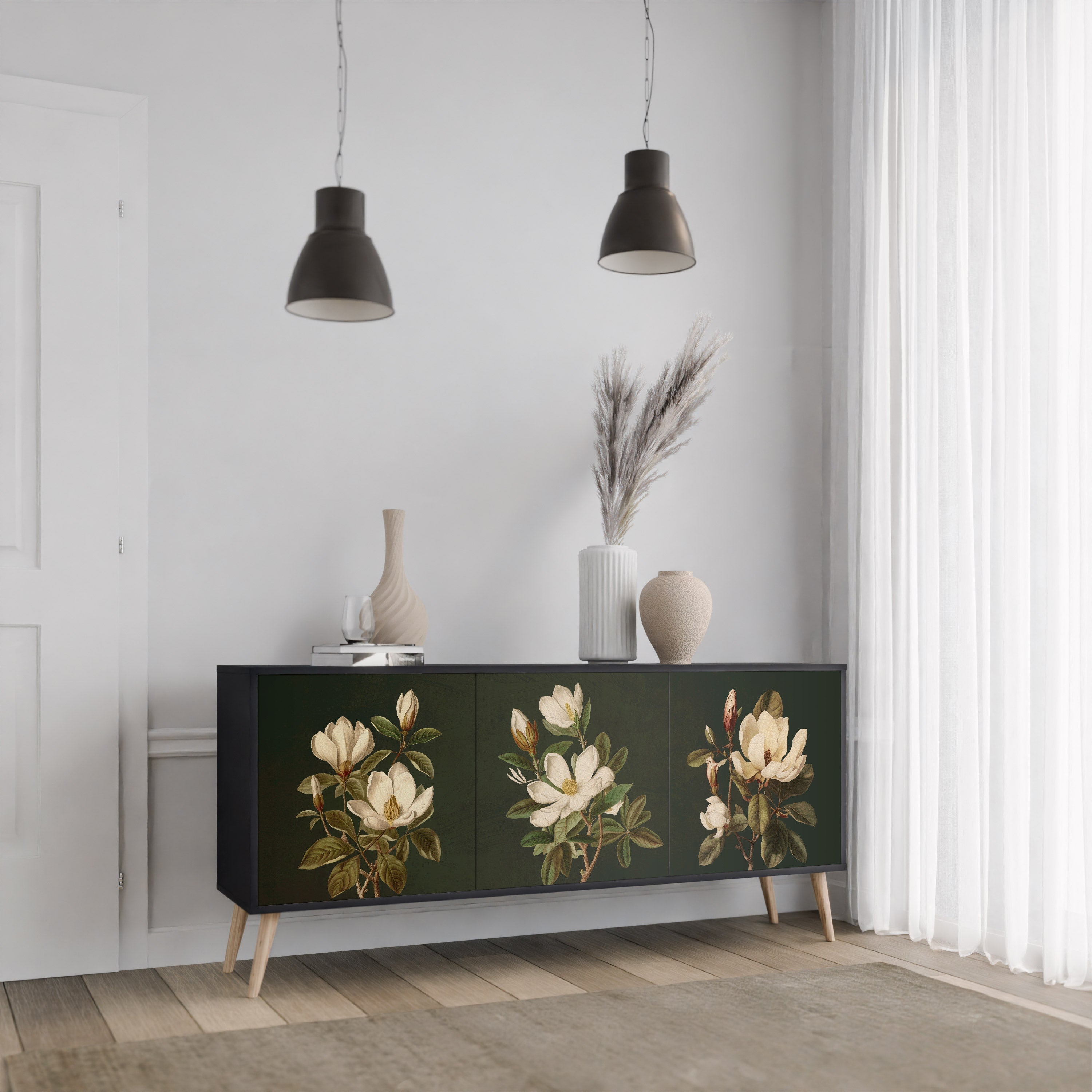 FLORAL NOIR 3-Door Sideboard in Black Finish