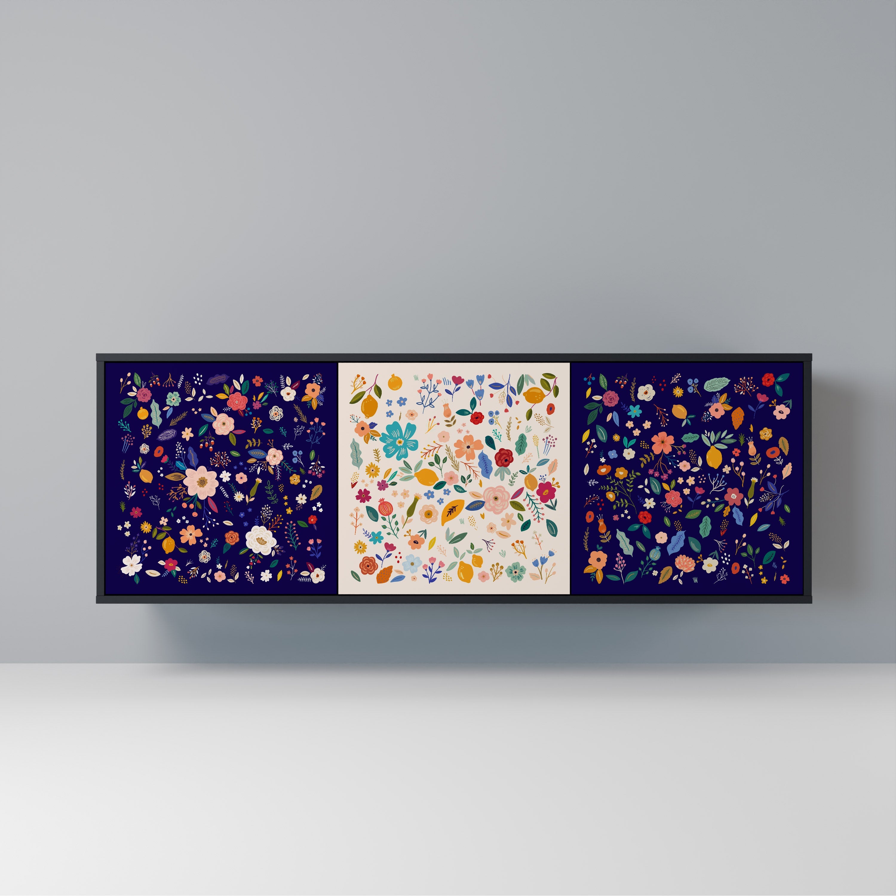 FLORAL COMBINATION 3-Door Sideboard in Black Finish