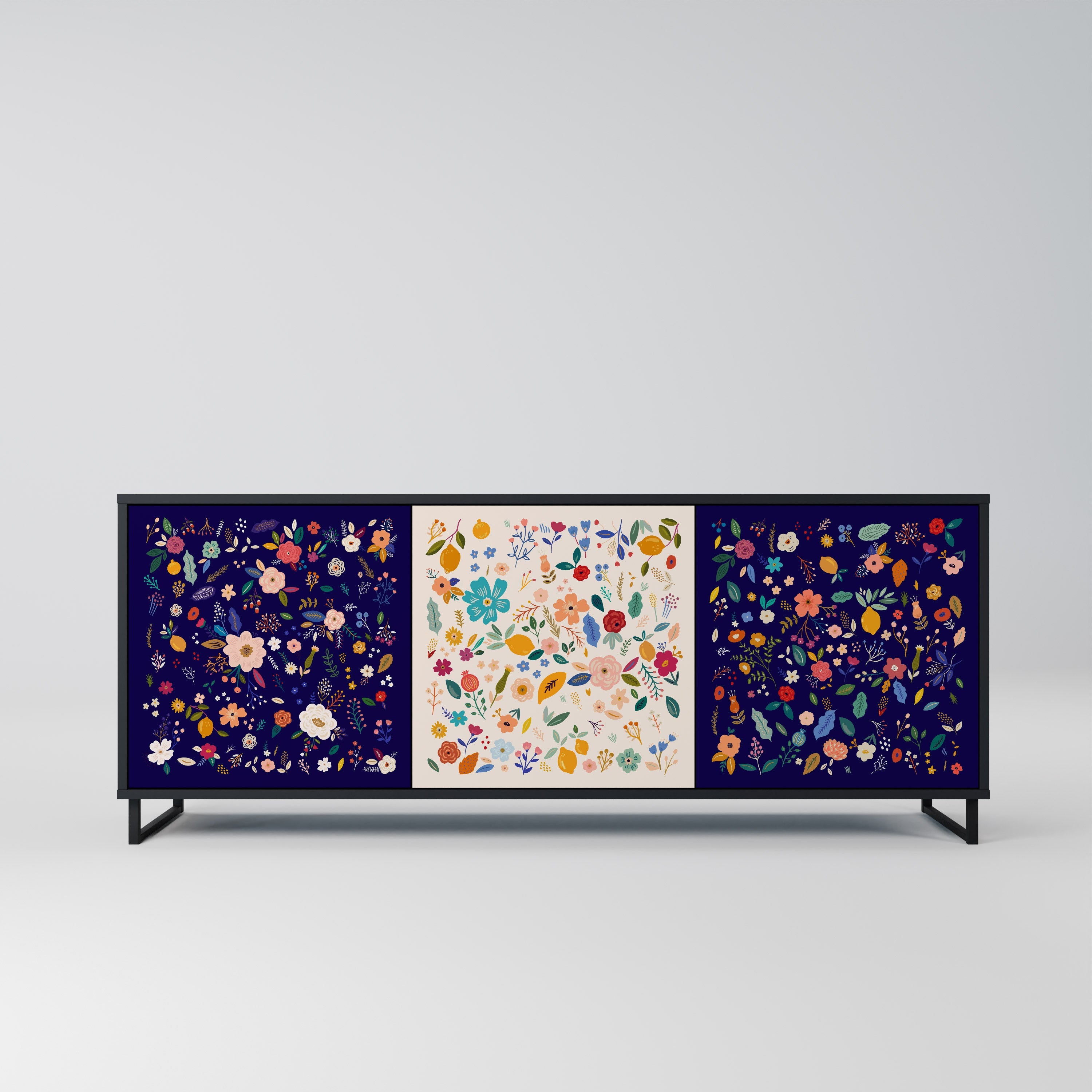 FLORAL COMBINATION 3-Door Sideboard in Black Finish