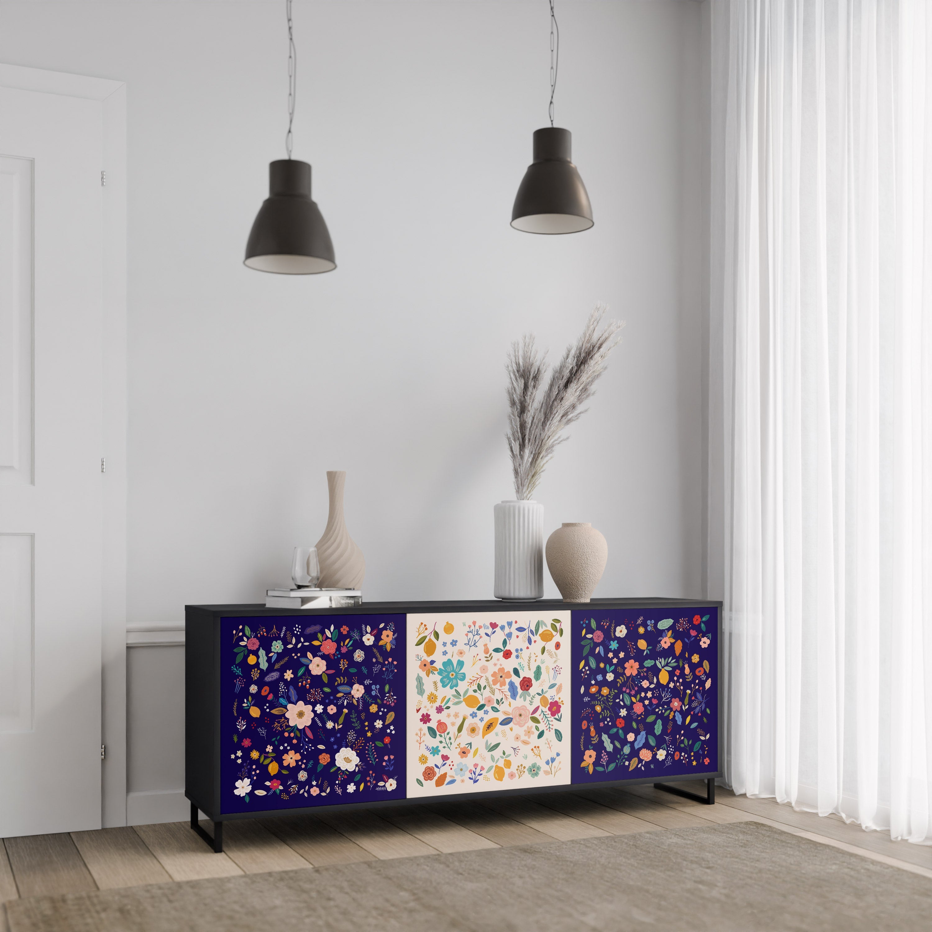 FLORAL COMBINATION 3-Door Sideboard in Black Finish