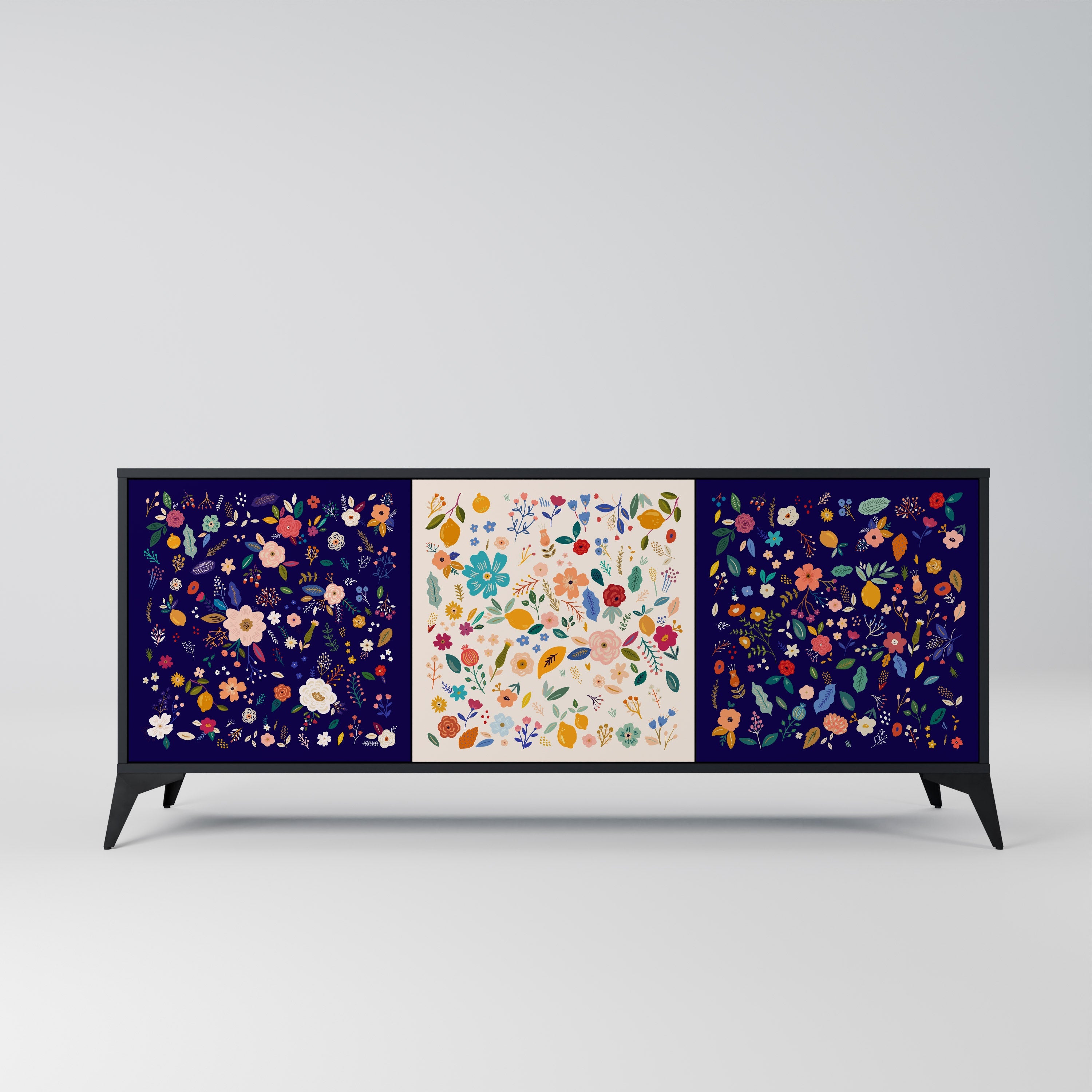 FLORAL COMBINATION 3-Door Sideboard in Black Finish