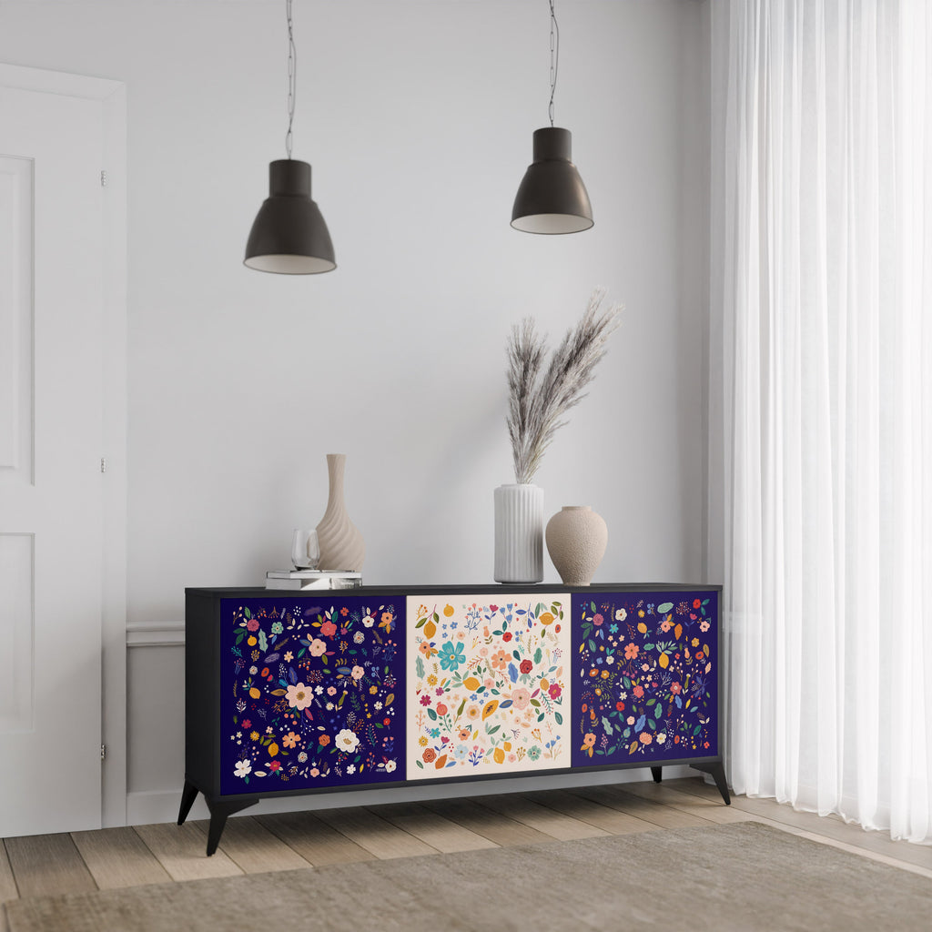 FLORAL COMBINATION 3-Door Sideboard in Black Finish