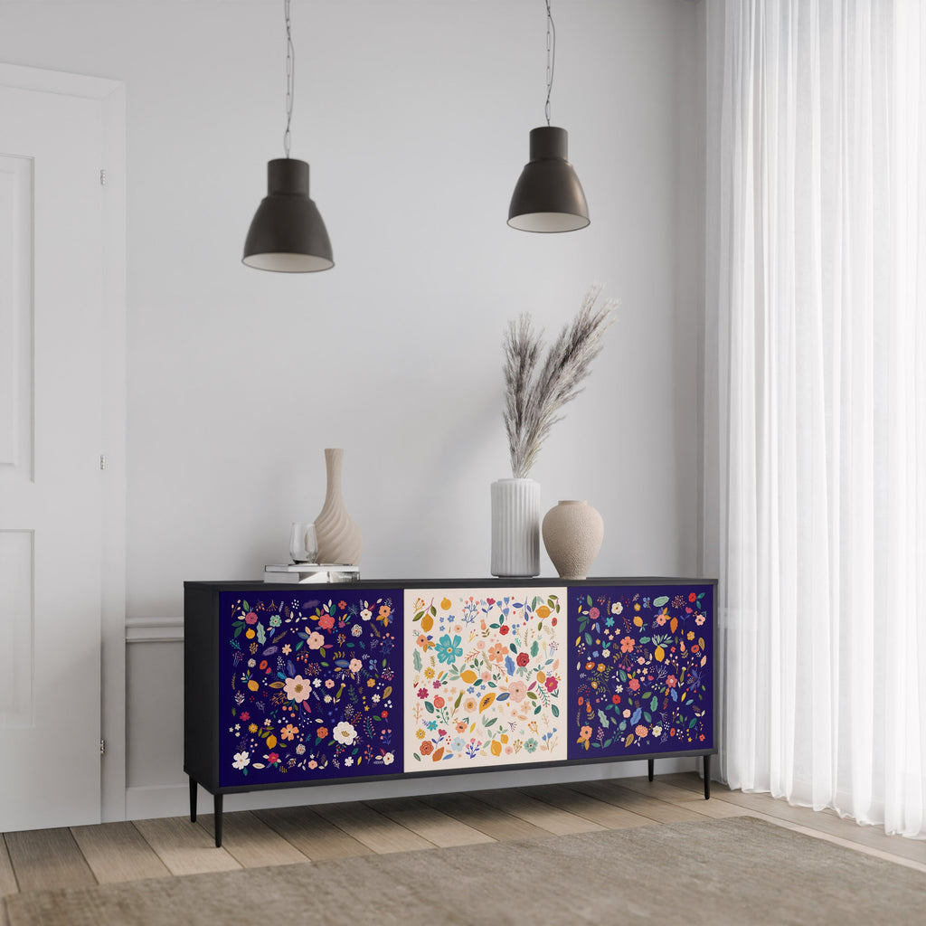 FLORAL COMBINATION 3-Door Sideboard in Black Finish