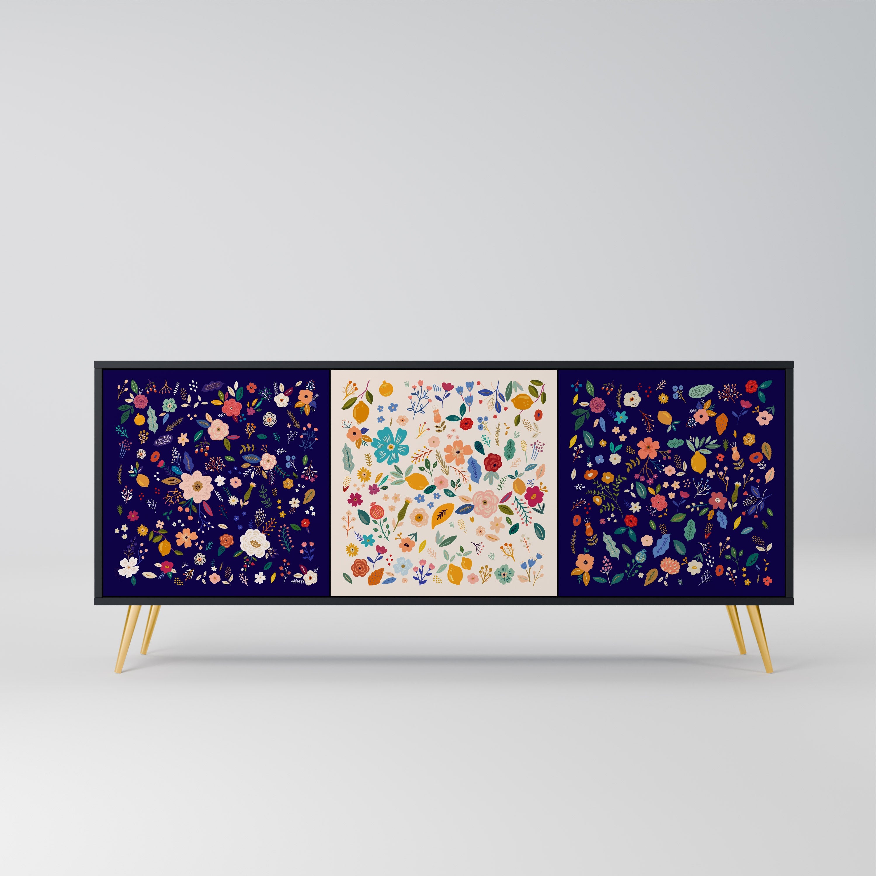 FLORAL COMBINATION 3-Door Sideboard in Black Finish