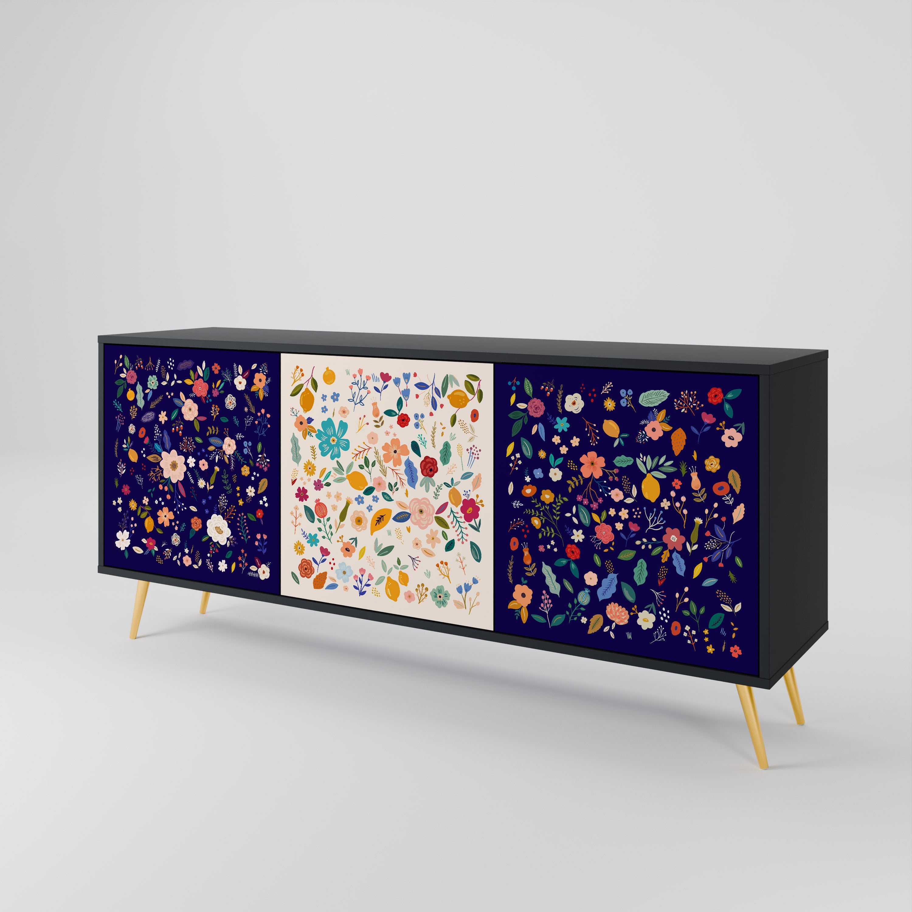 FLORAL COMBINATION 3-Door Sideboard in Black Finish
