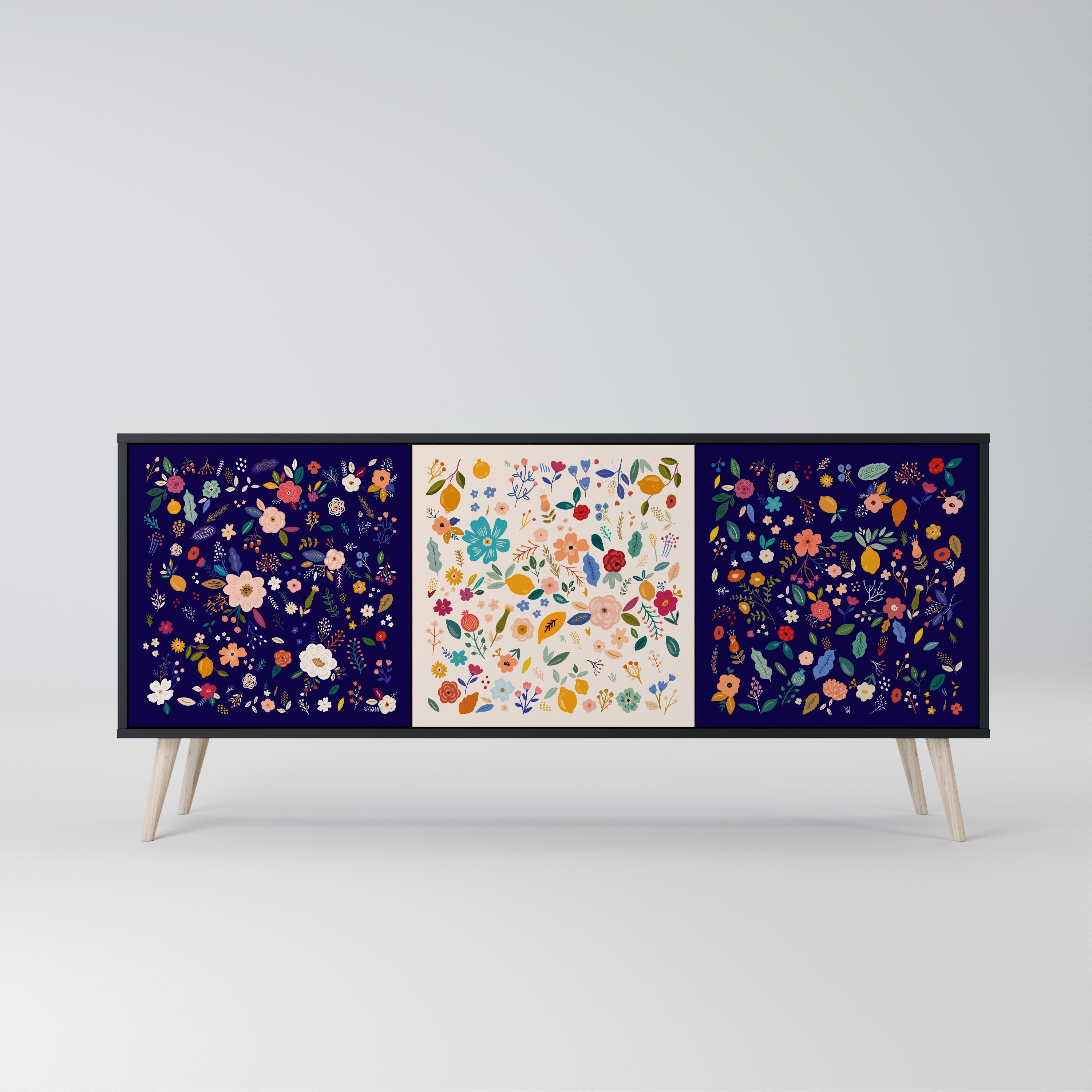 FLORAL COMBINATION 3-Door Sideboard in Black Finish