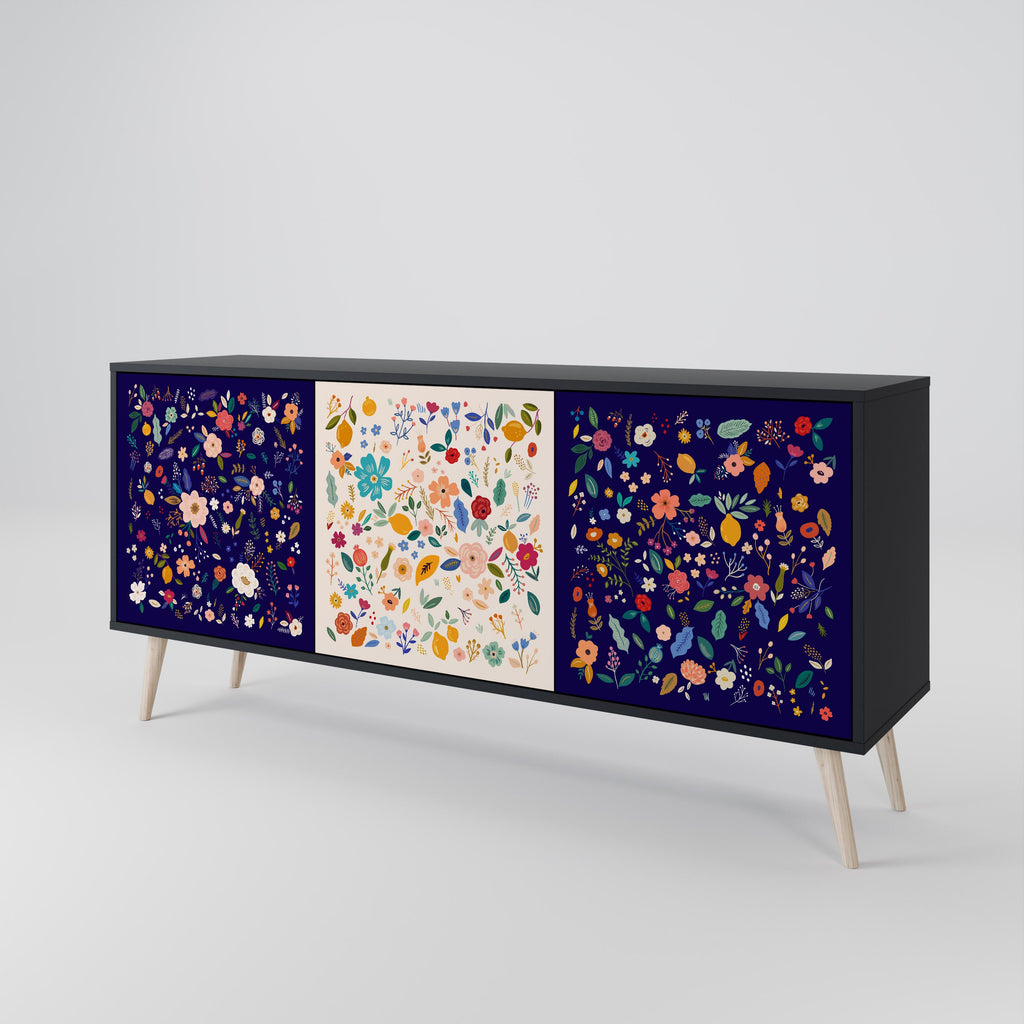 FLORAL COMBINATION 3-Door Sideboard in Black Finish