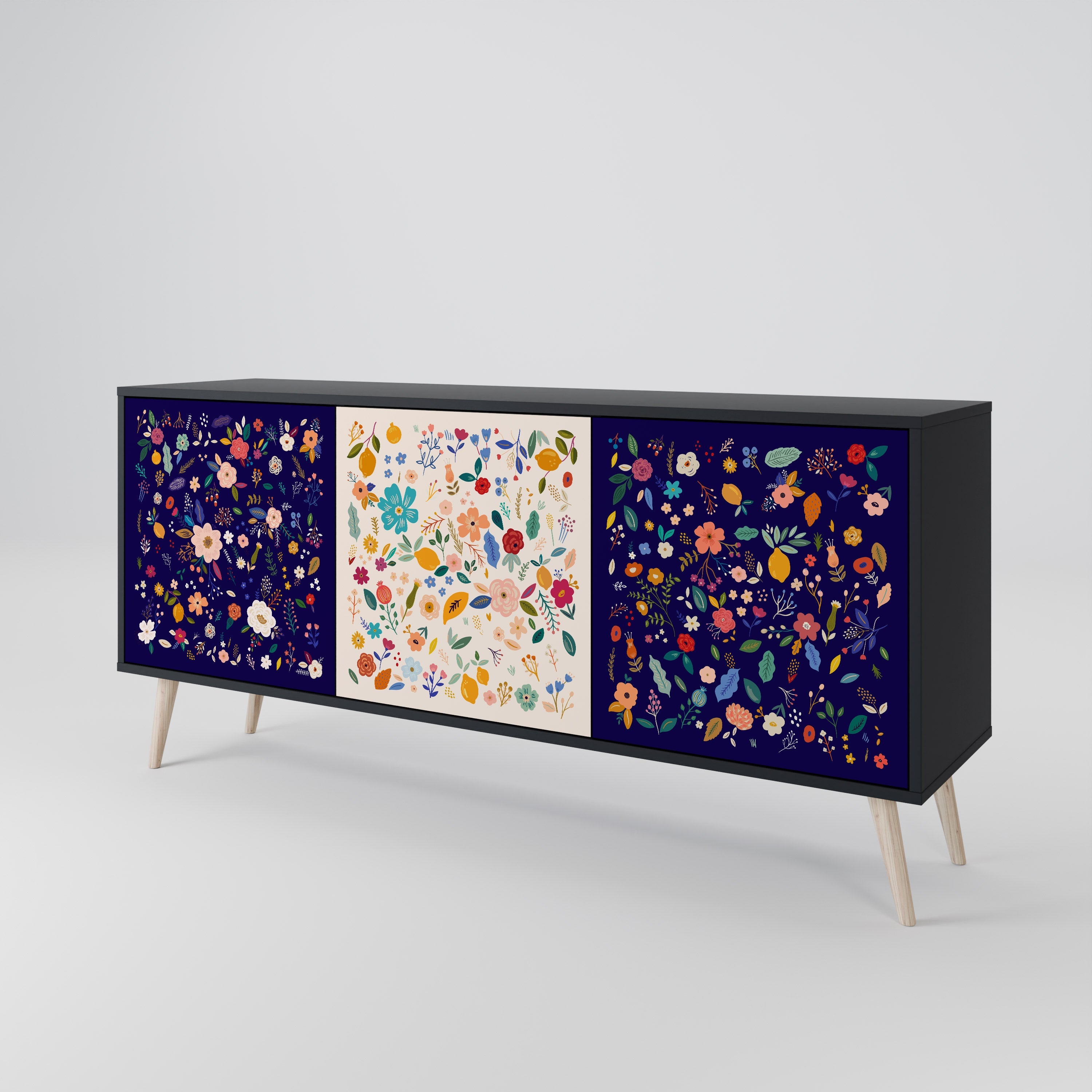 FLORAL COMBINATION 3-Door Sideboard in Black Finish