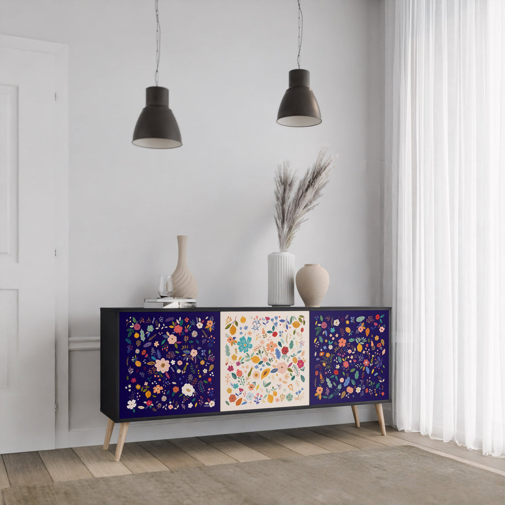 FLORAL COMBINATION 3-Door Sideboard in Black Finish
