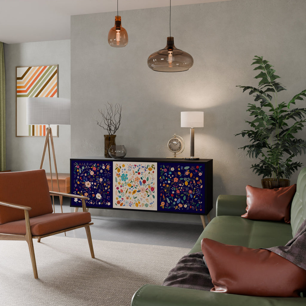 FLORAL COMBINATION 3-Door Sideboard in Black Finish