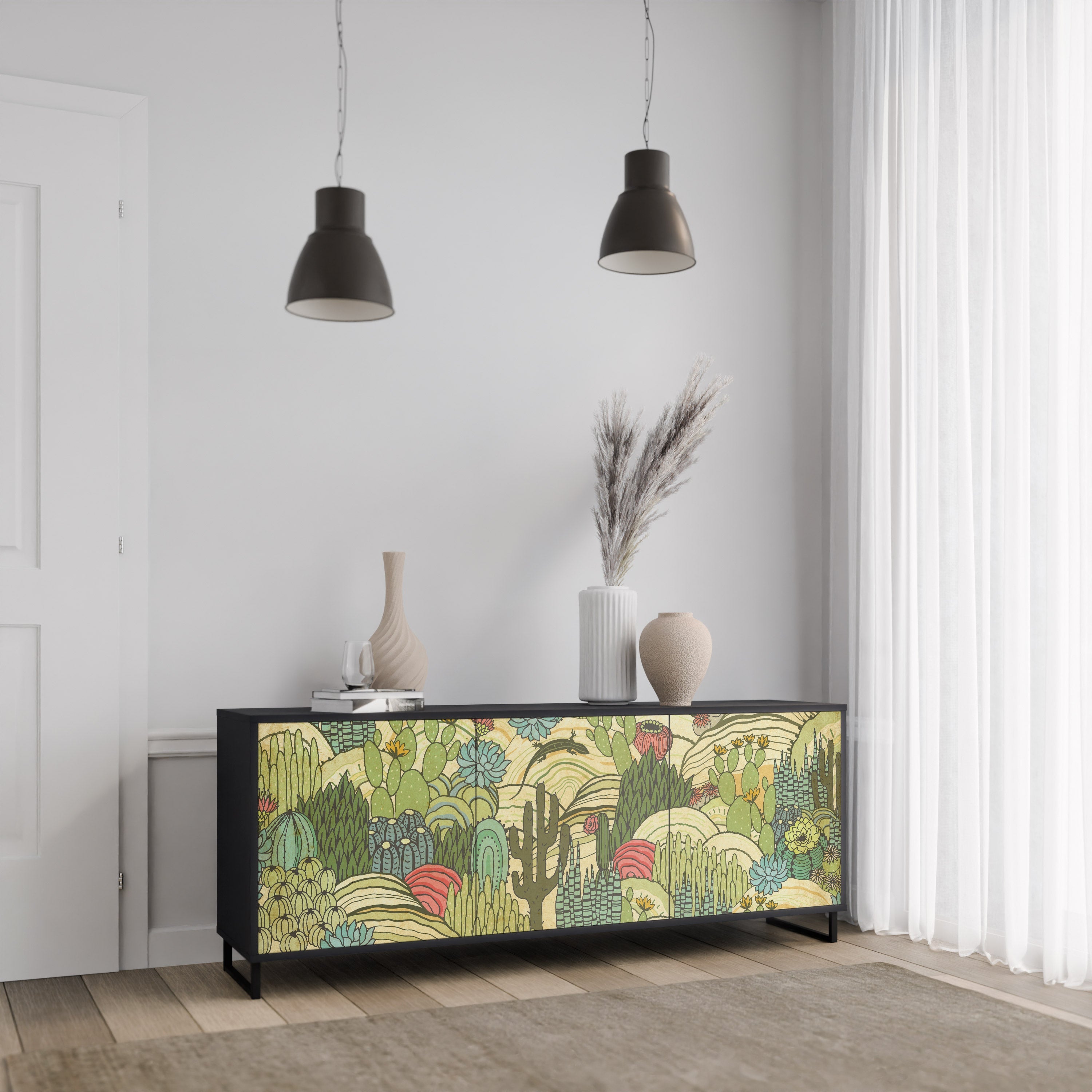 SUCCULENTS KALEIDOSCOPE 3-Door Sideboard in Black Finish