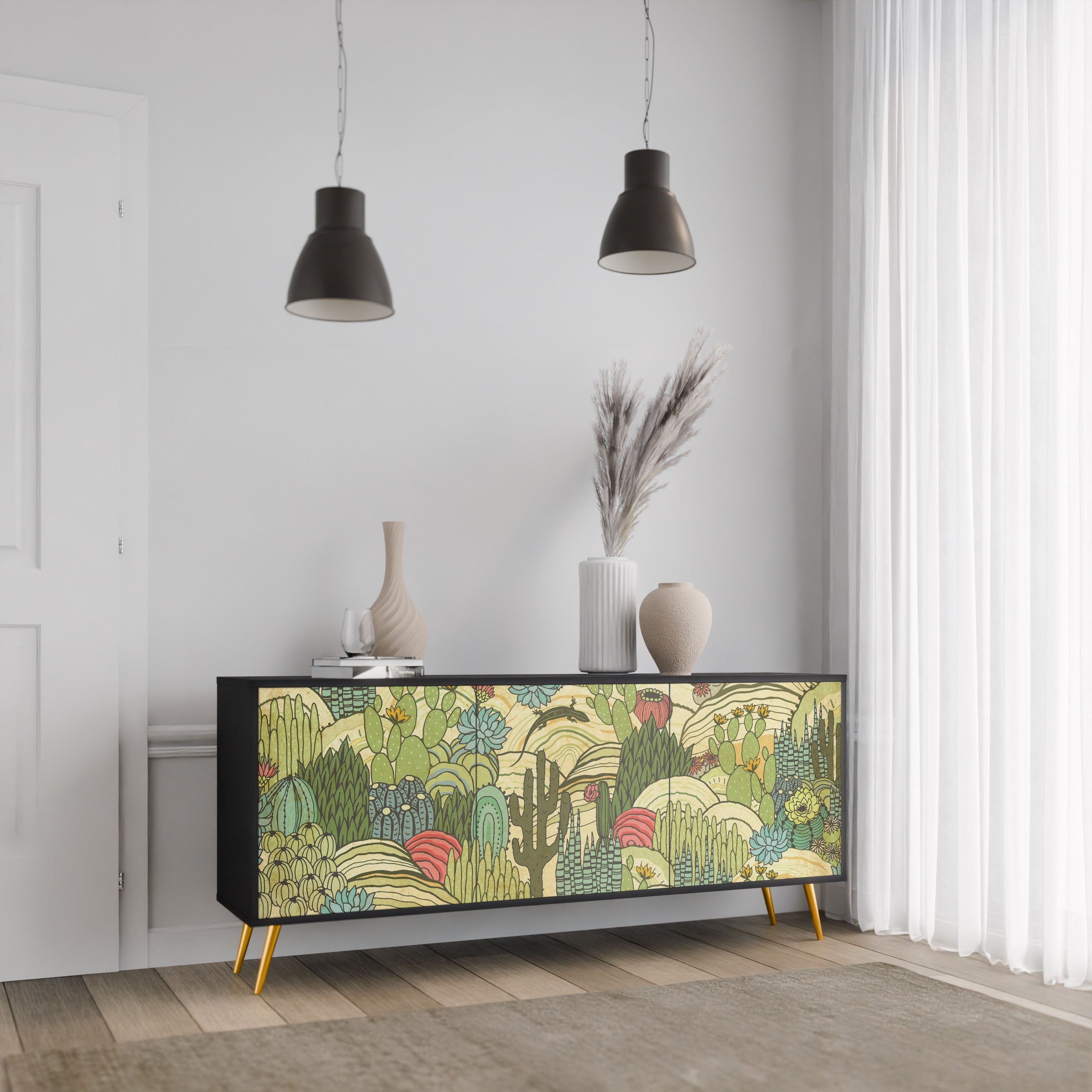 SUCCULENTS KALEIDOSCOPE 3-Door Sideboard in Black Finish