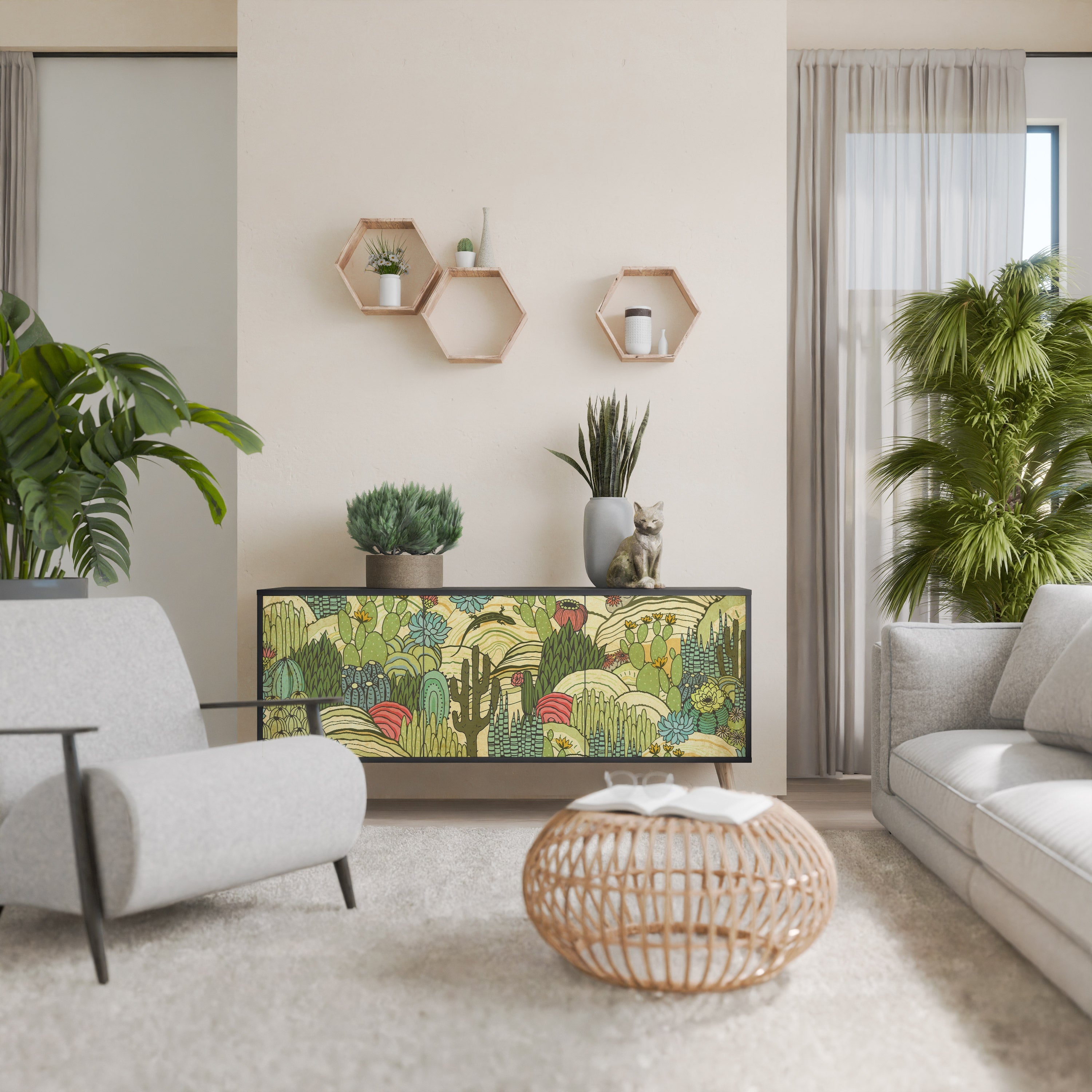 SUCCULENTS KALEIDOSCOPE 3-Door Sideboard in Black Finish