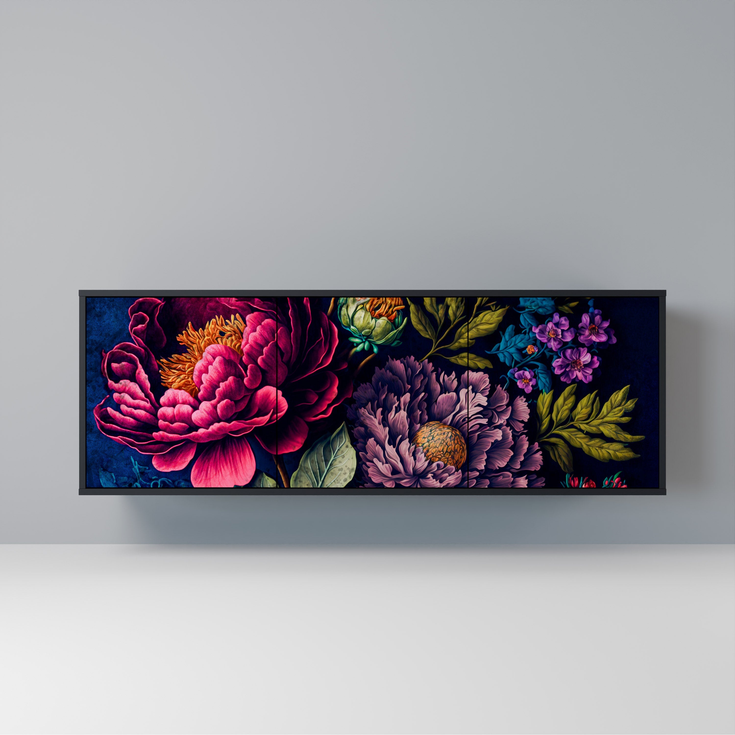 BLOOMING ELEGANCE 3-Door Sideboard in Black Finish