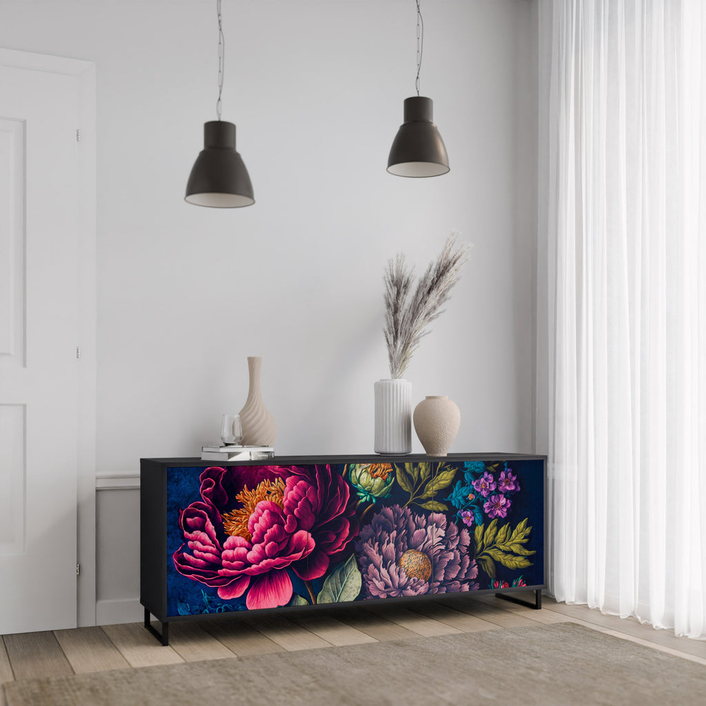 BLOOMING ELEGANCE 3-Door Sideboard in Black Finish
