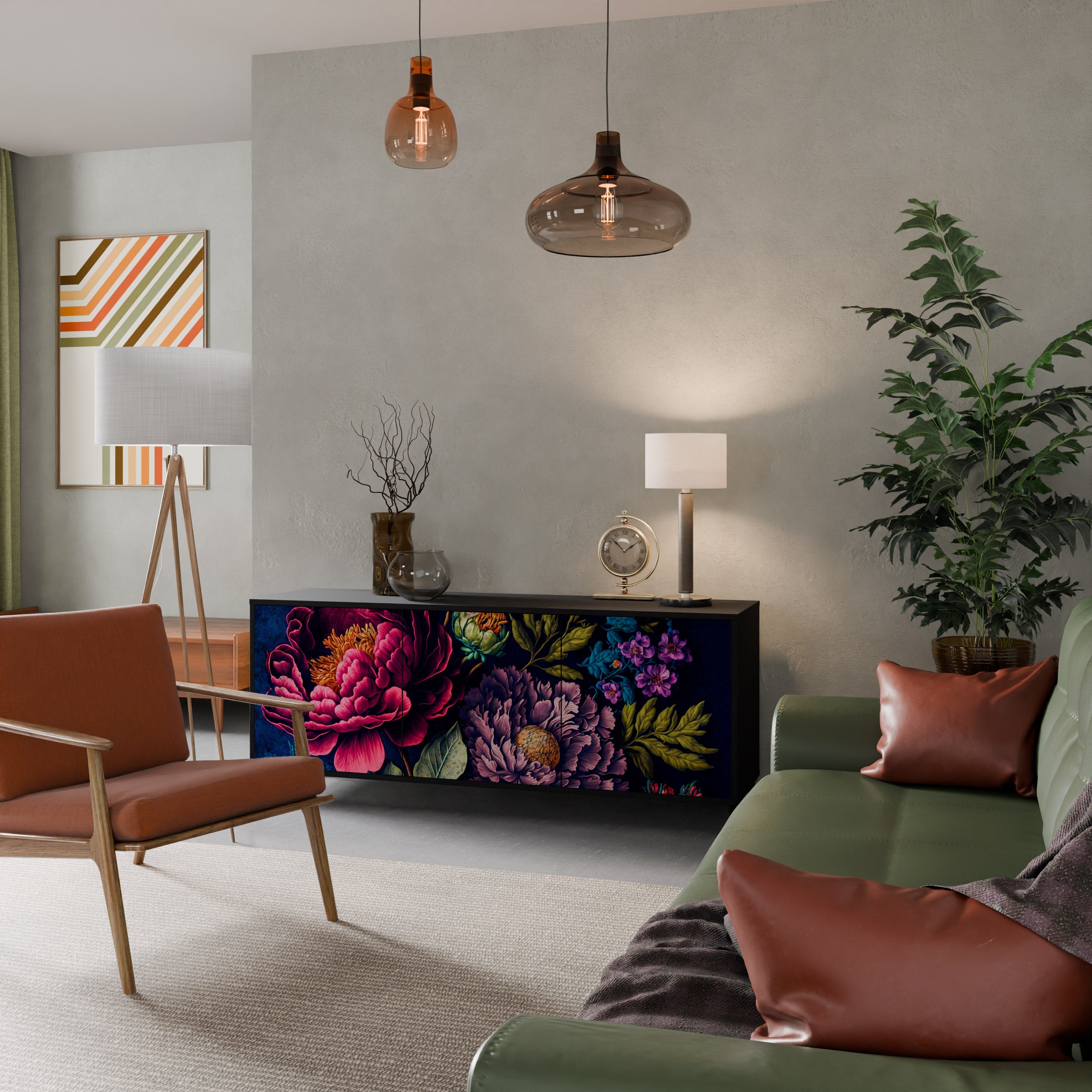 BLOOMING ELEGANCE 3-Door Sideboard in Black Finish