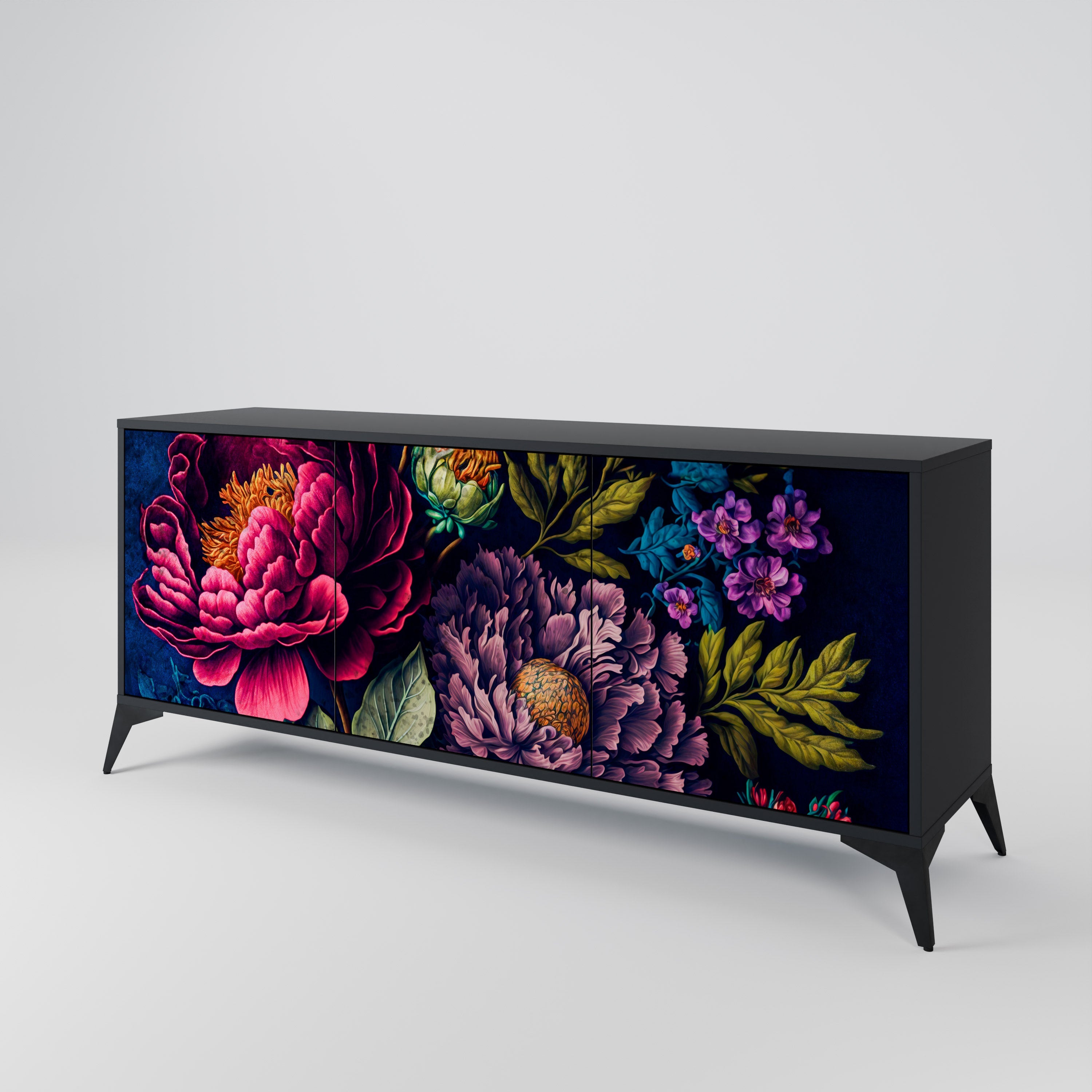 BLOOMING ELEGANCE 3-Door Sideboard in Black Finish