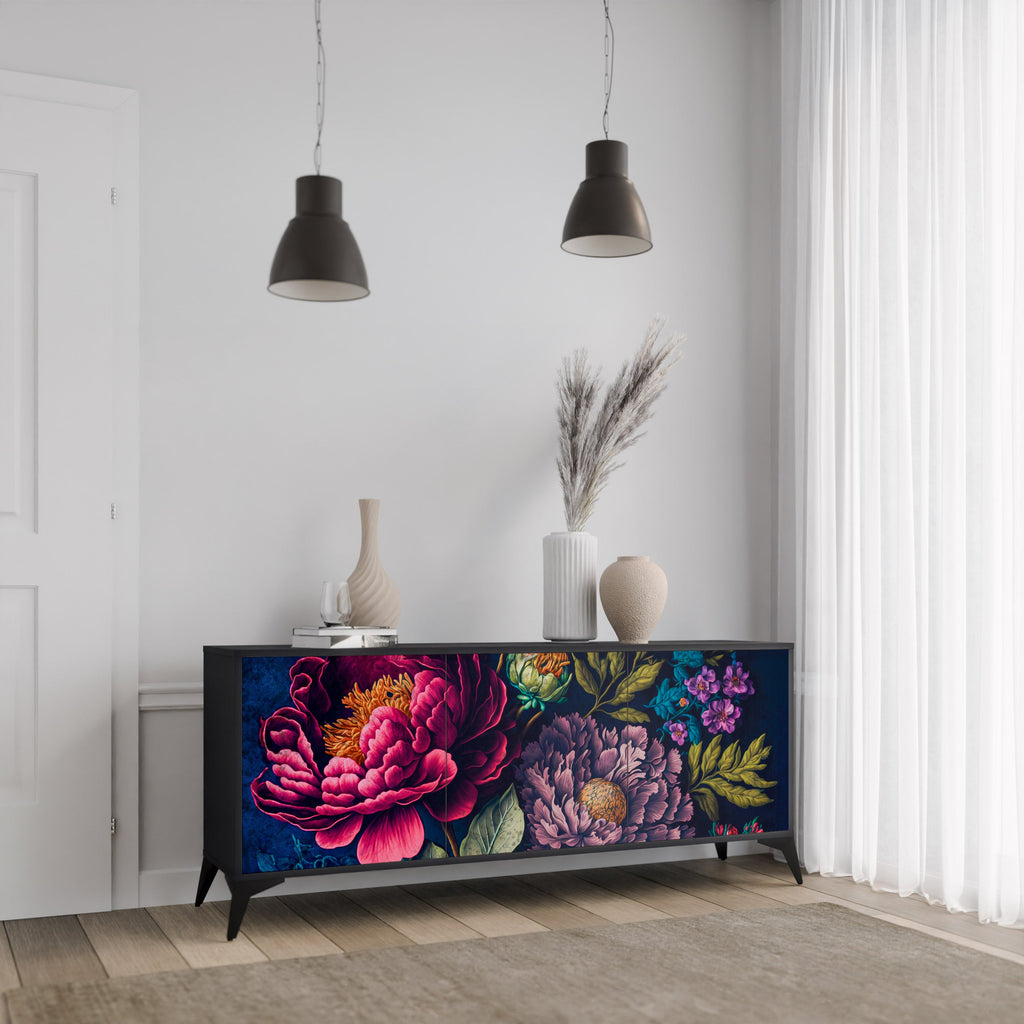 BLOOMING ELEGANCE 3-Door Sideboard in Black Finish