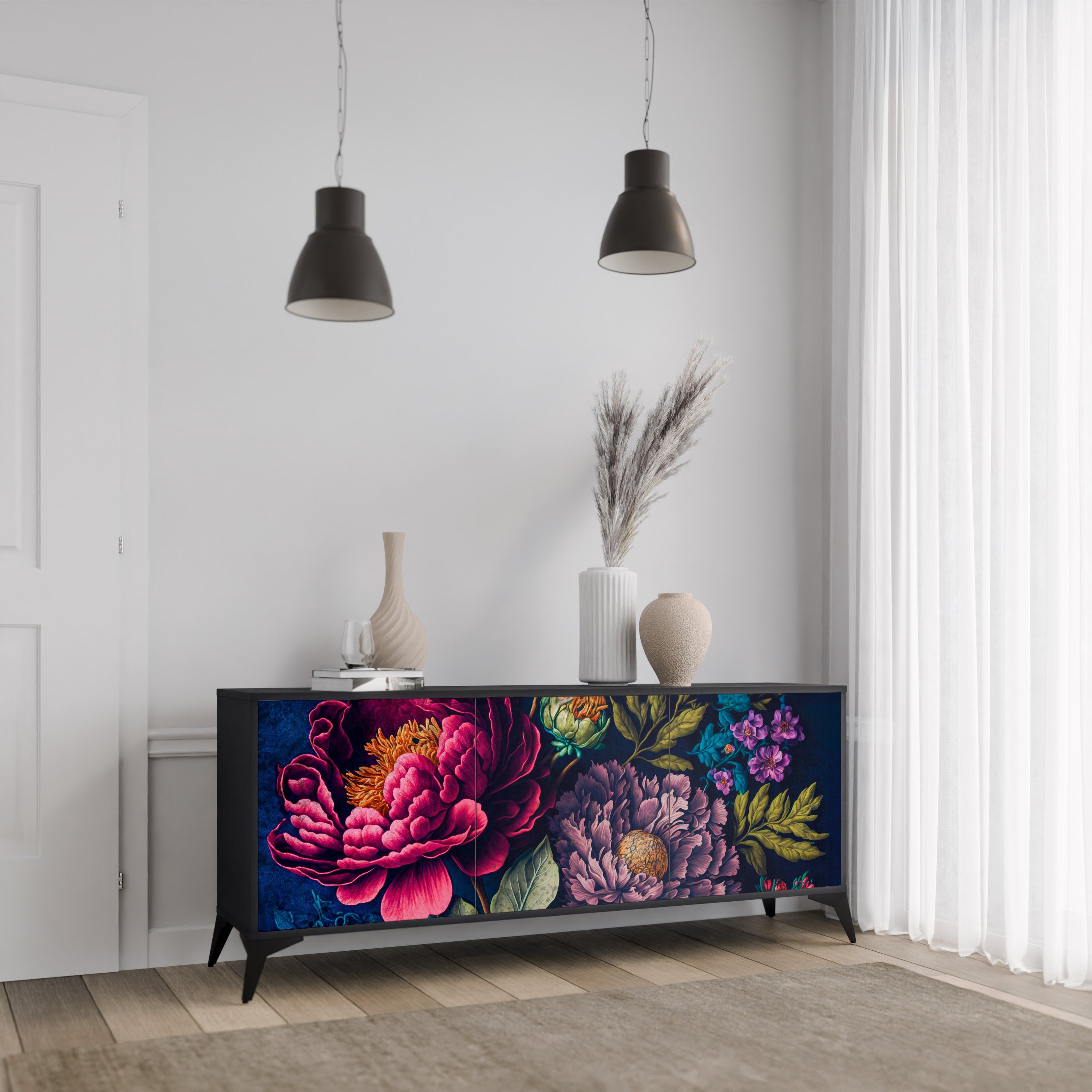 BLOOMING ELEGANCE 3-Door Sideboard in Black Finish