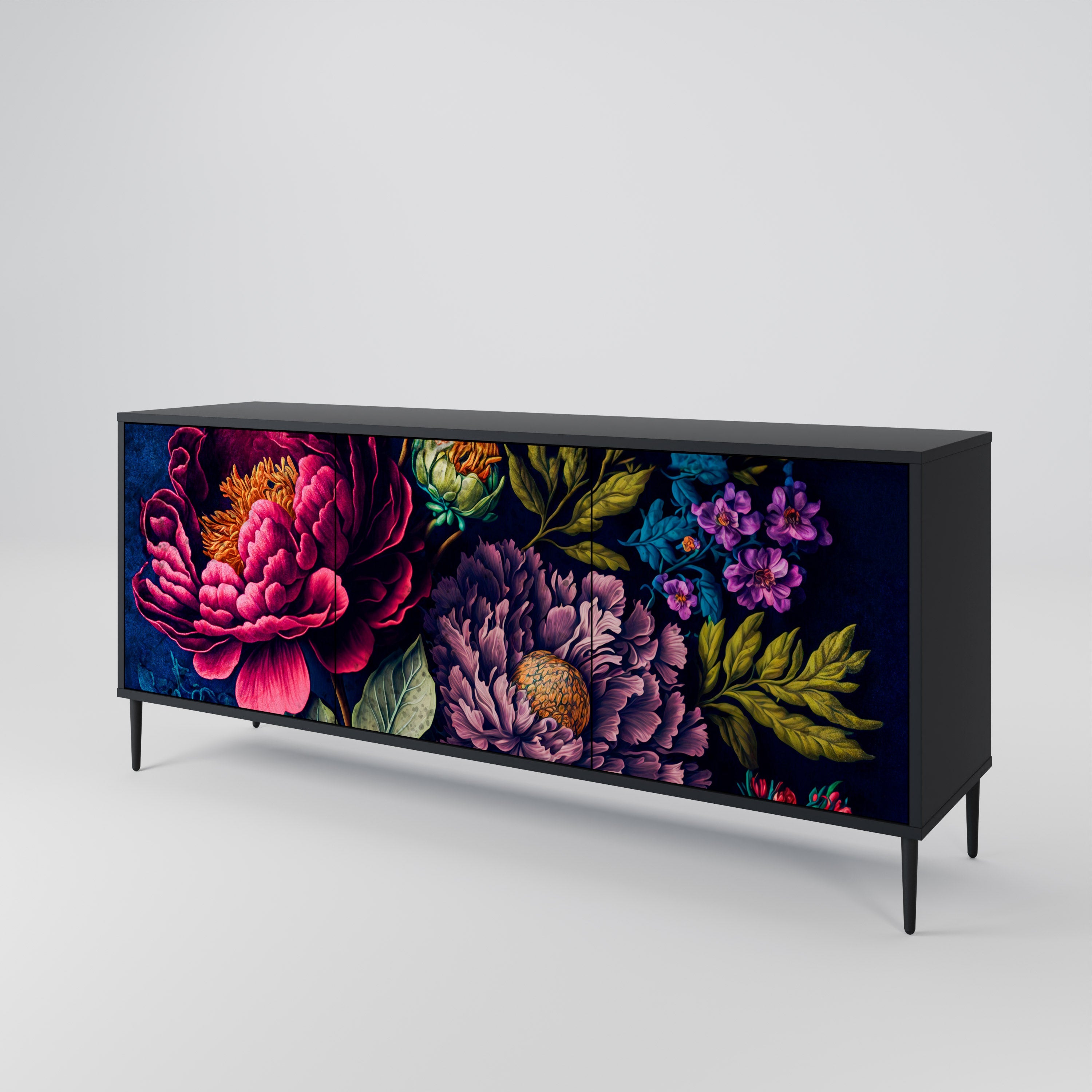 BLOOMING ELEGANCE 3-Door Sideboard in Black Finish