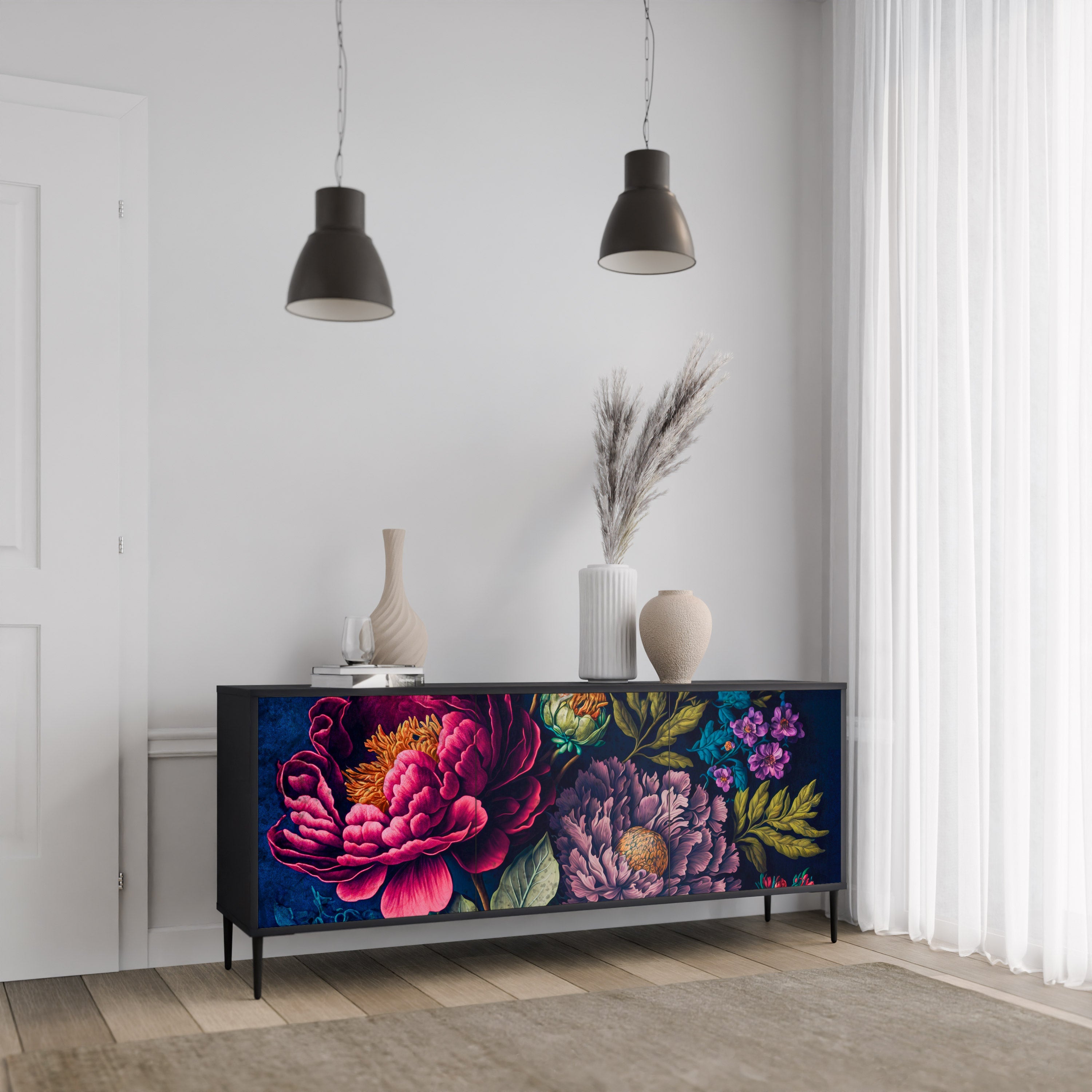 BLOOMING ELEGANCE 3-Door Sideboard in Black Finish