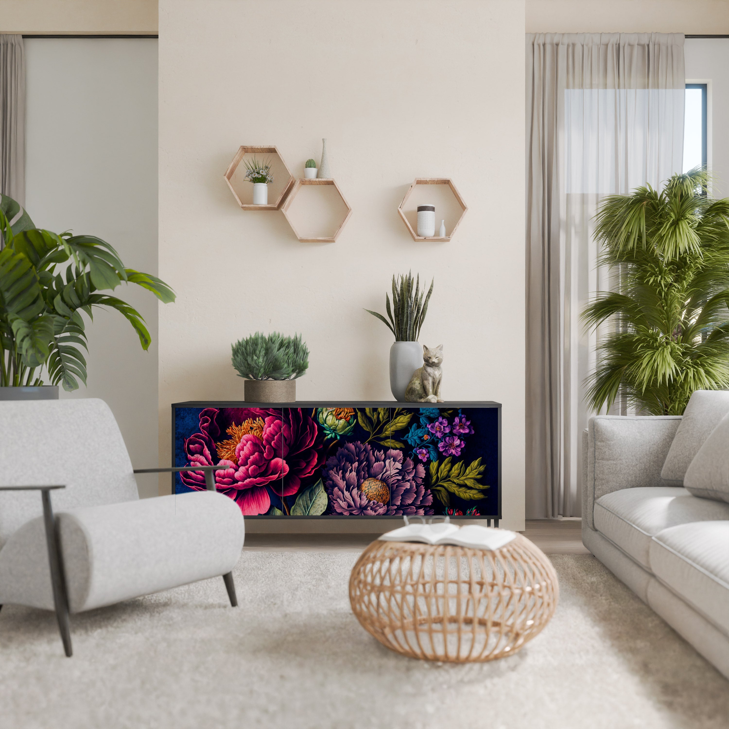 BLOOMING ELEGANCE 3-Door Sideboard in Black Finish