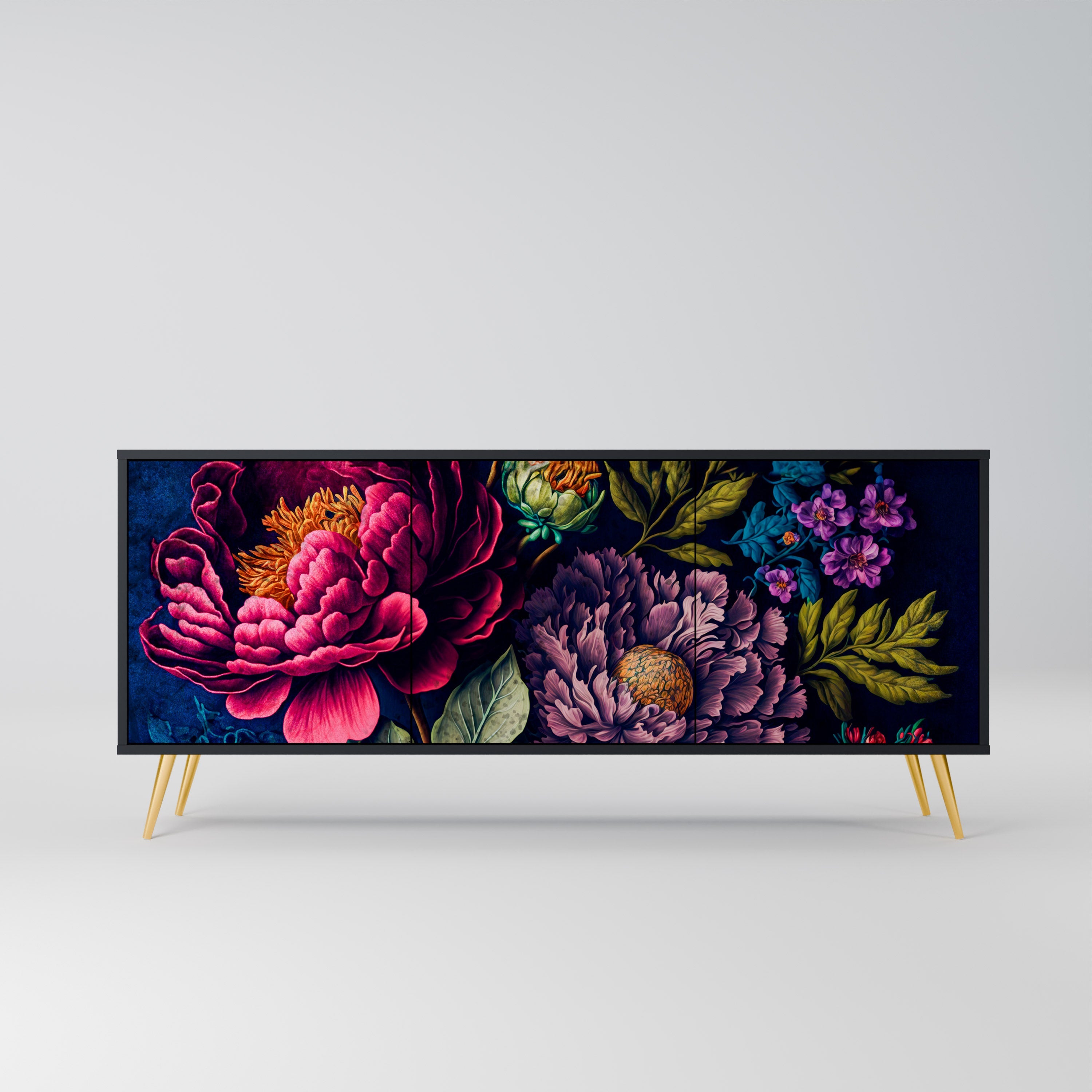 BLOOMING ELEGANCE 3-Door Sideboard in Black Finish