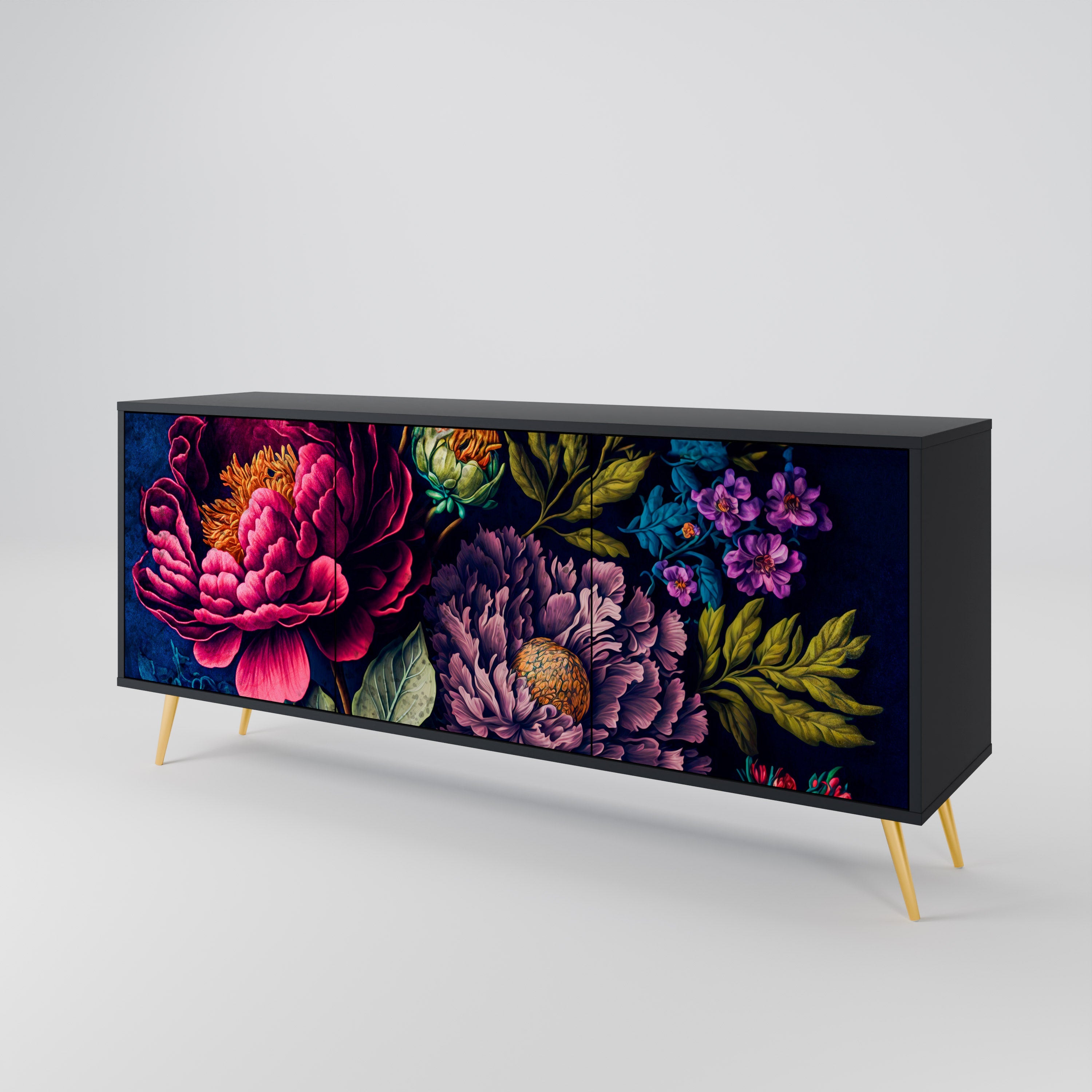 BLOOMING ELEGANCE 3-Door Sideboard in Black Finish