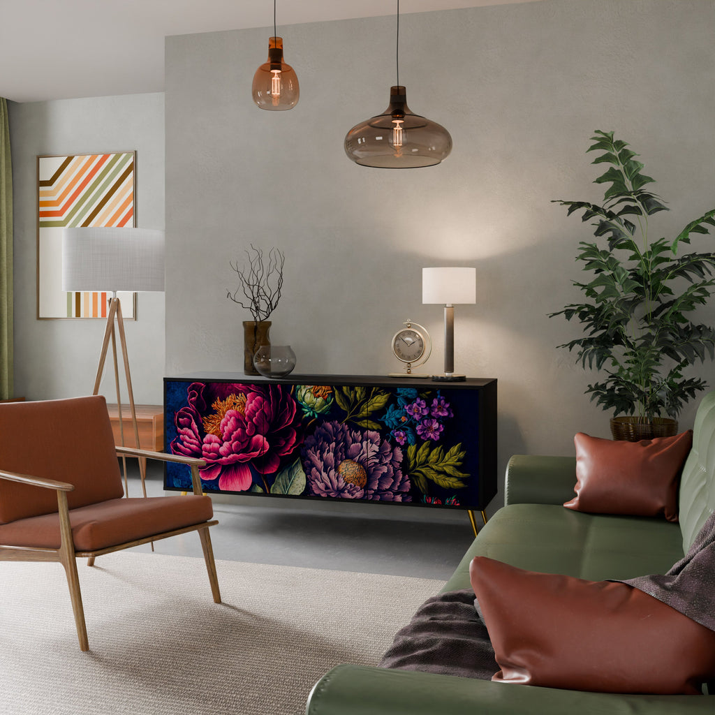 BLOOMING ELEGANCE 3-Door Sideboard in Black Finish