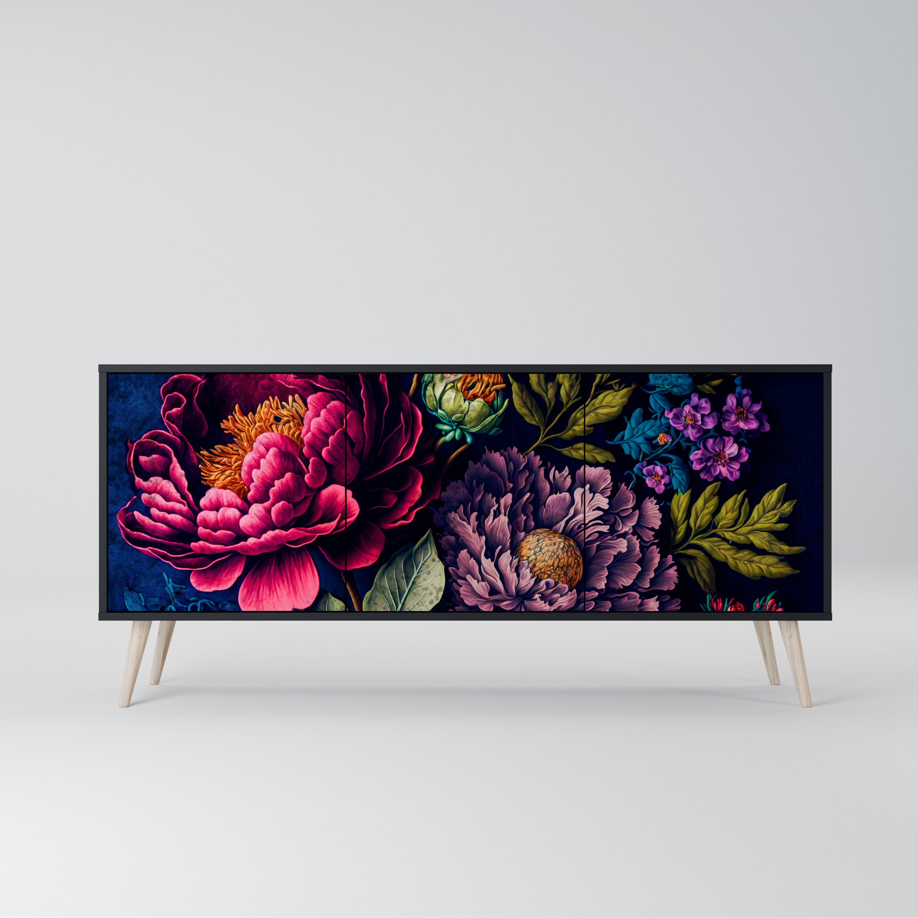 BLOOMING ELEGANCE 3-Door Sideboard in Black Finish